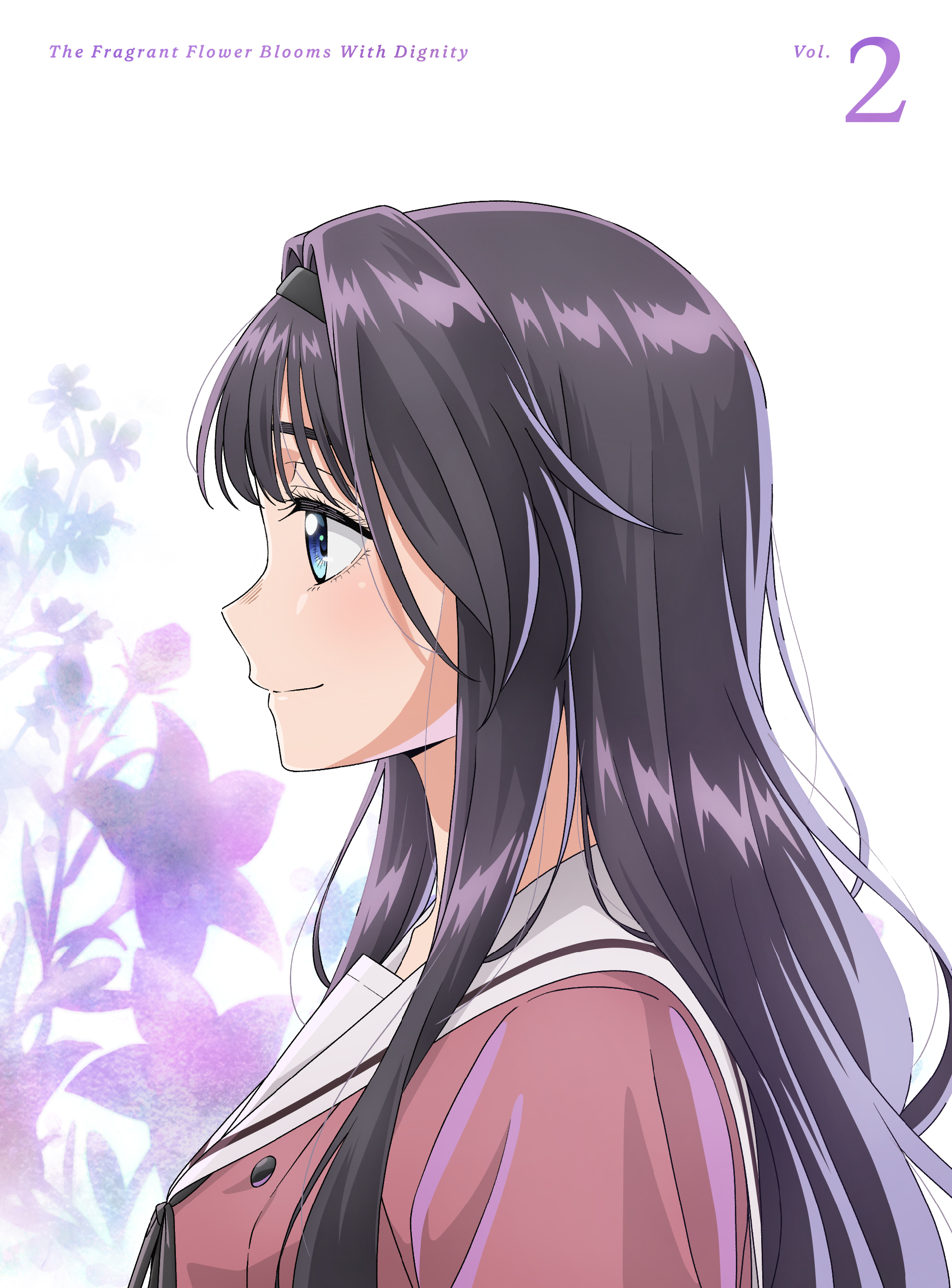 waguri kaoruko, kaoru hana wa rin to saku, absurdres, highres, official art, 1girl, black hair, black ribbon, blu-ray cover, blue eyes, closed mouth, copyright name, cover, flower, from side, kikyo private academy school uniform, long hair, neck ribbon, pink shirt, profile, purple flower, ribbon, sailor collar, school uniform, shirt, solo, upper body, white sailor collar