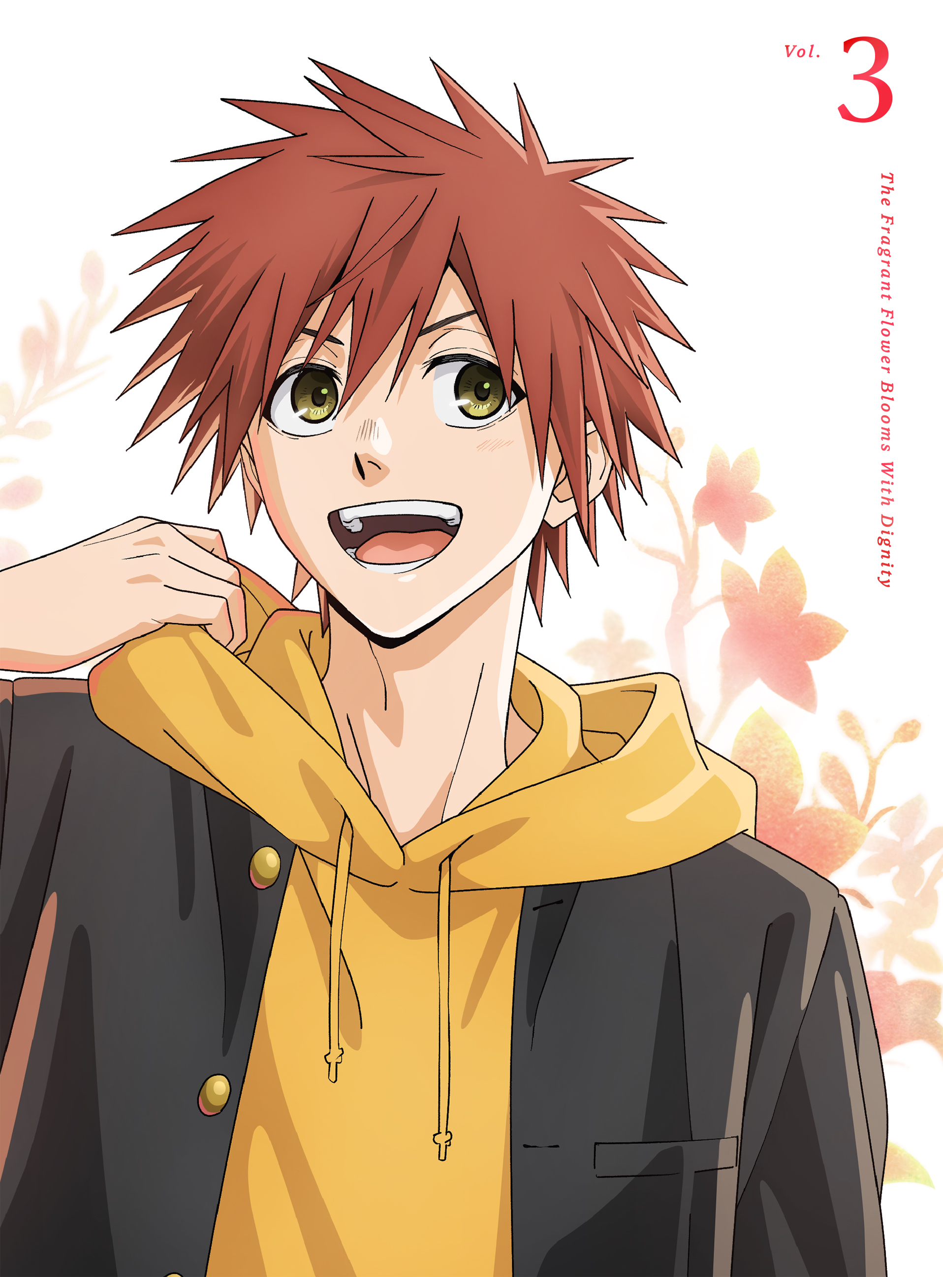 usami shouhei, kaoru hana wa rin to saku, absurdres, highres, official art, 1boy, black jacket, blu-ray cover, copyright name, cover, flower, gakuran, hood, hoodie, jacket, jacket over hoodie, looking at viewer, male focus, open clothes, open jacket, open mouth, red flower, red hair, school uniform, smile, solo, upper body, yellow eyes, yellow hoodie