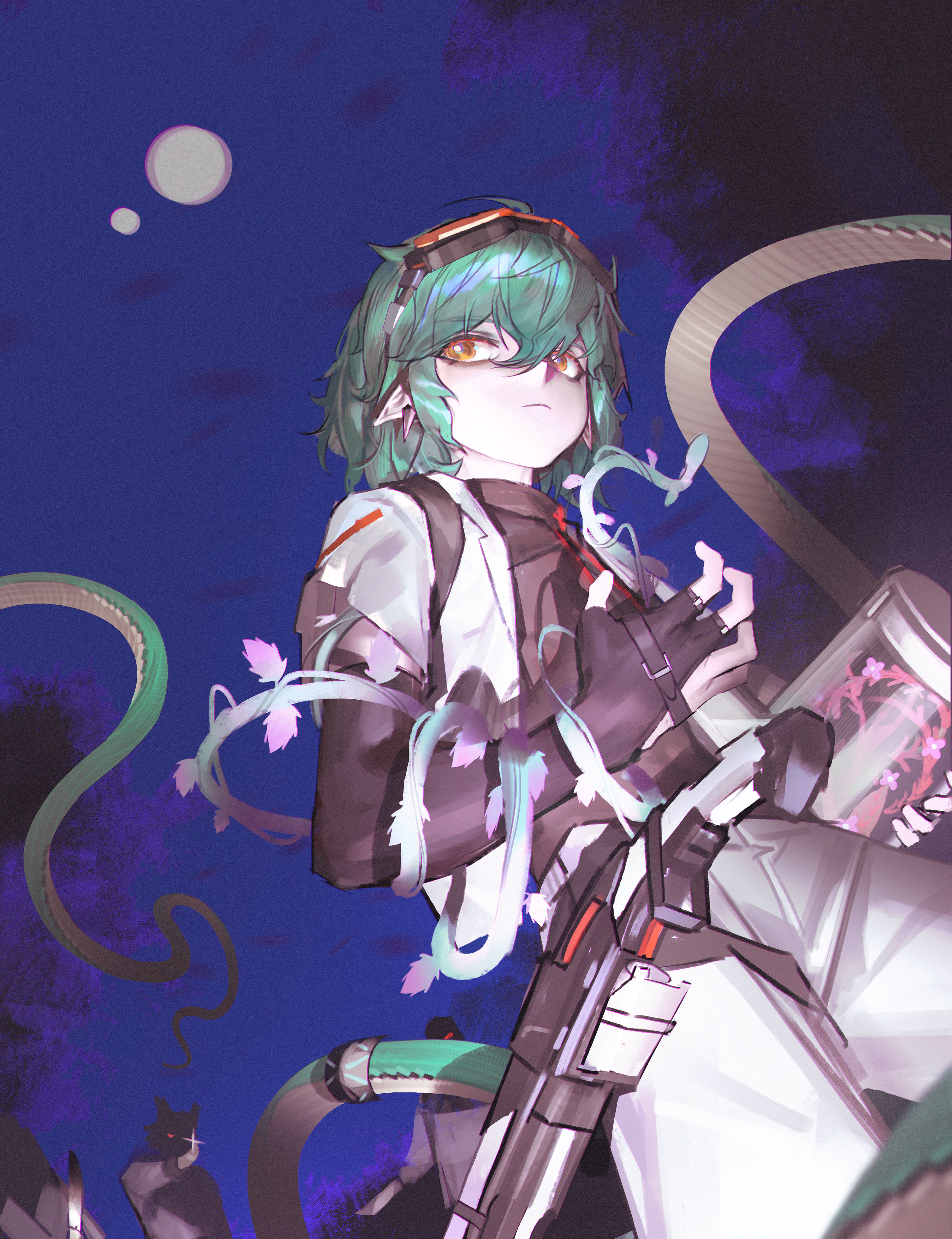 baimudafeiyu, verdant (arknights), arknights, fluffy hair, absurdres, highres, 1other, flower, from below, goggles, goggles on head, green hair, hair between eyes, holding, jacket, moon, night, orange eyes, pants, plant, pointy ears, short hair, tail, vines, white jacket, white pants