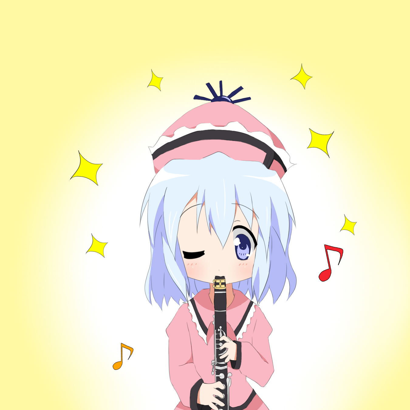chiro-minami, chiro (bocchiropafe), hiiragi tsukasa, merlin prismriver, lucky star, touhou, highres, 1girl, blue eyes, blue hair, clarinet, female focus, hat, instrument, matching hair/eyes, musical note, one eye closed, parody, short hair, solo, style parody, wink
