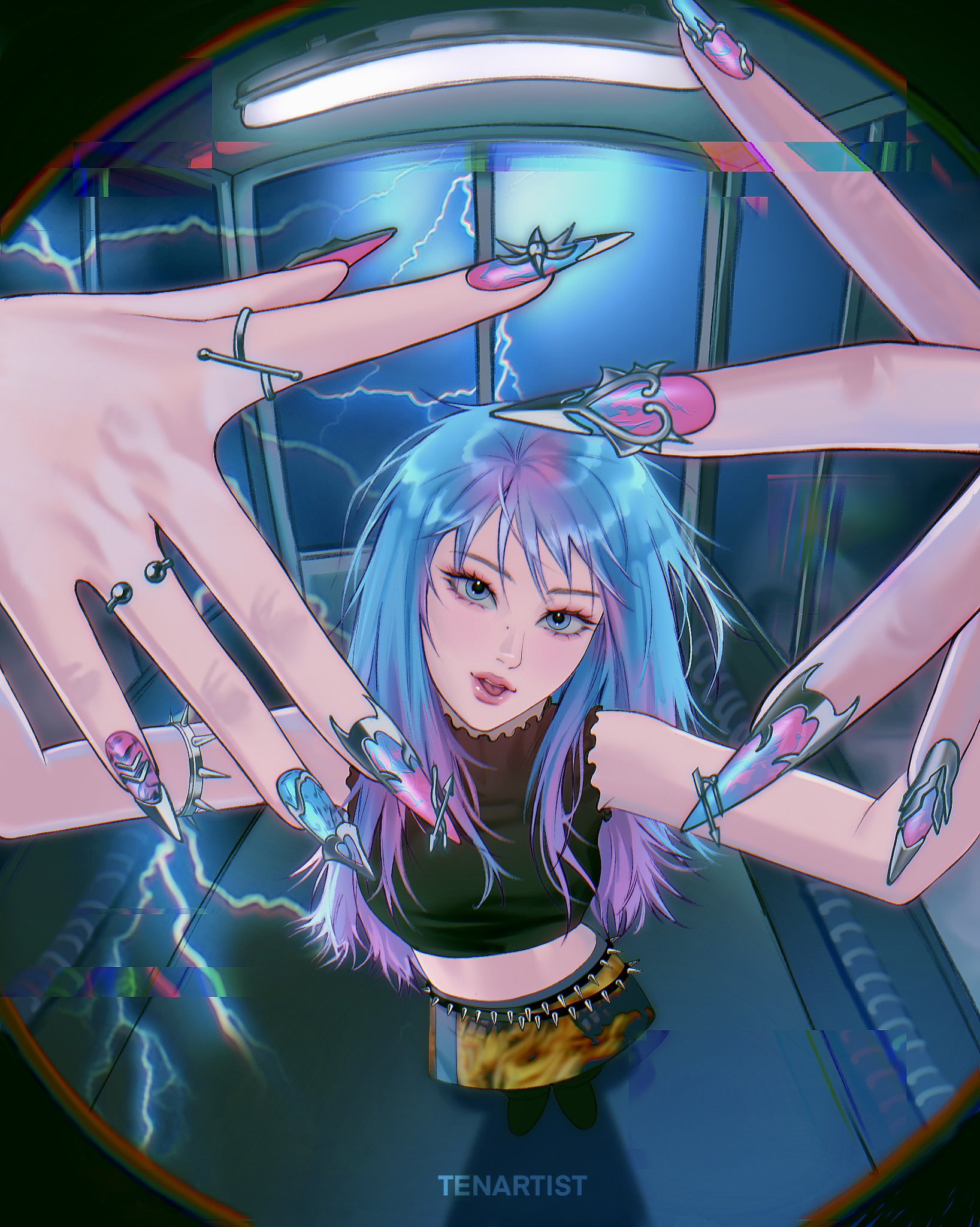 tenartistt, miyawaki sakura, le sserafim, silver ring, commentary, english commentary, highres, 1girl, armlet, arms up, artist name, asian, belt, black belt, black boots, black border, black shirt, blue eyes, blue hair, blue nails, boots, border, breasts, chromatic aberration, colored tips, denim, denim skirt, eyelashes, fashion, fingernails, fisheye, flame print, floor, frilled shirt, frills, from above, full body, glass wall, glitch, gradient hair, hair over shoulder, hand focus, head tilt, indoors, jewelry, k-pop, lightning, lipgloss, long fingernails, long hair, looking at viewer, medium breasts, messy hair, midriff, mole, mole on nose, multicolored hair, multicolored nails, multiple belts, multiple rings, nail art, nail ornament, night, open mouth, ornate ring, pink hair, pink nails, ring, roots (hair), shadow, shirt, silver armlet, skirt, sleeveless, sleeveless shirt, solo, spiked armlet, spiked belt, standing, streetwear, teeth, tongue, turtleneck, turtleneck shirt, two-tone hair, two-tone nails, upper teeth only, watermark, wispy bangs