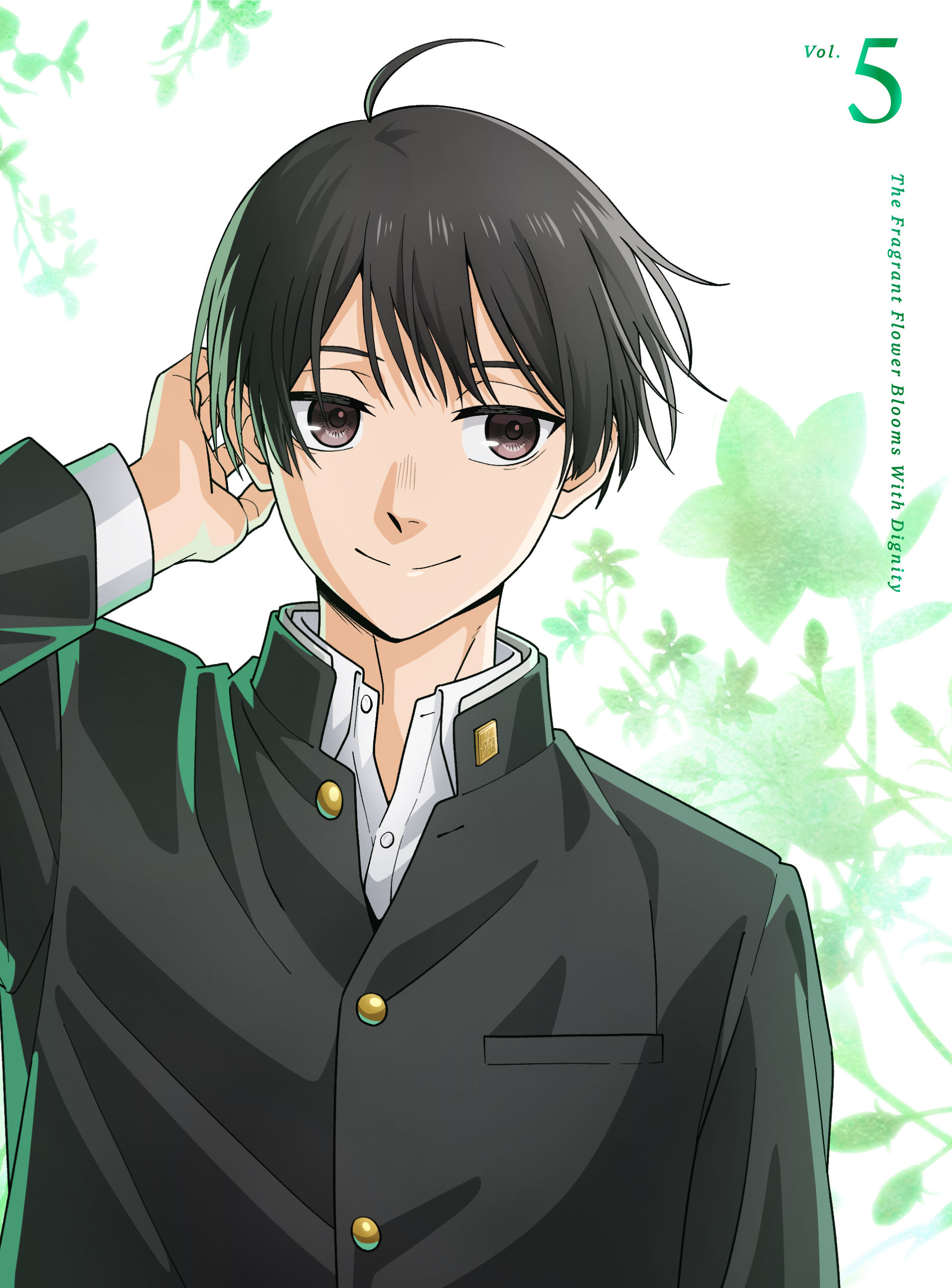 yorita ayato, kaoru hana wa rin to saku, absurdres, highres, official art, 1boy, ahoge, black hair, black jacket, blu-ray cover, brown eyes, closed mouth, collared shirt, copyright name, cover, flower, gakuran, green flower, jacket, looking at viewer, male focus, school uniform, shirt, short hair, smile, solo, upper body, white shirt
