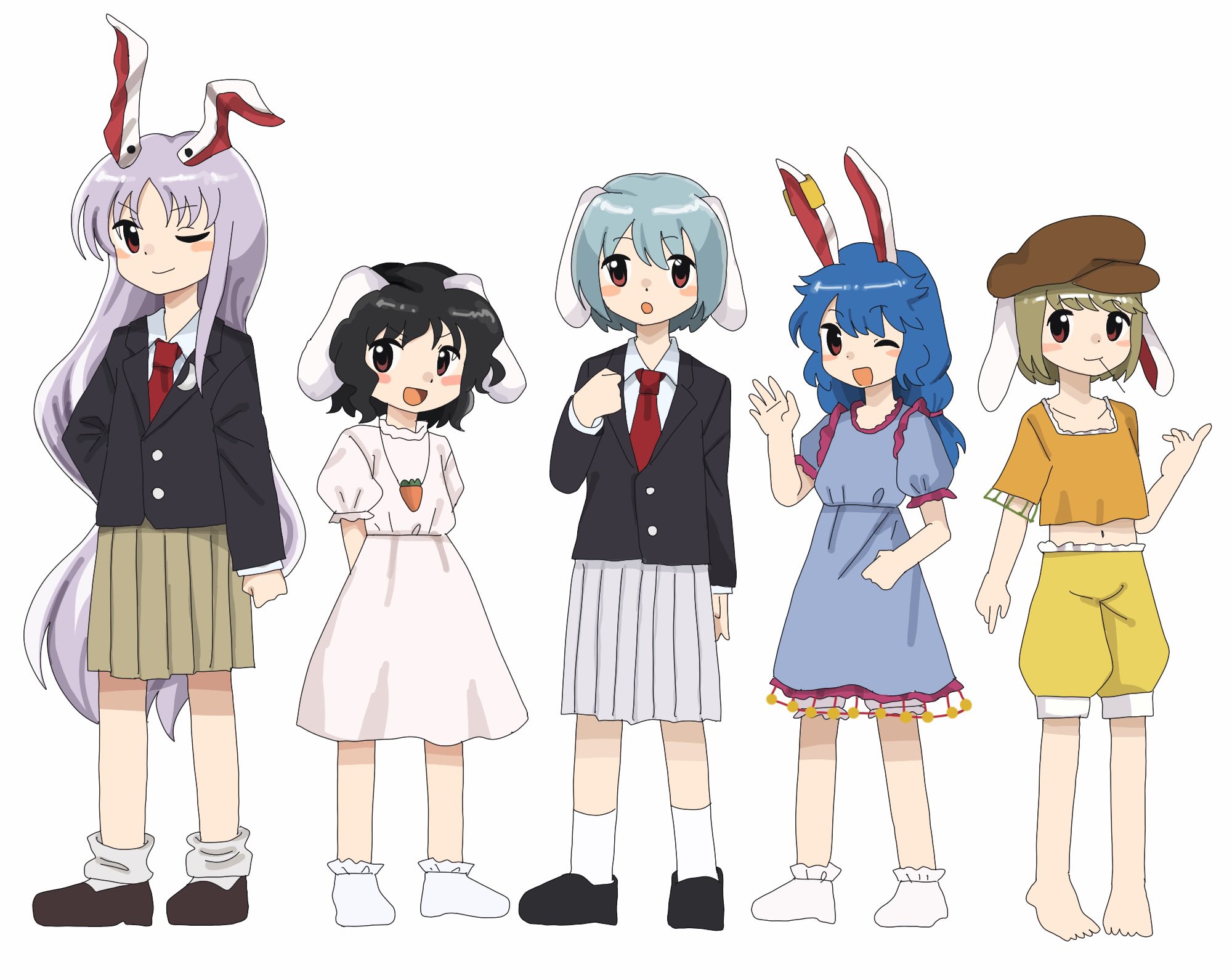 yamadainari, inaba tewi, reisen (touhou bougetsushou), reisen udongein inaba, ringo (touhou), seiran (touhou), touhou, highres, 5girls, :o, animal ears, blazer, blush stickers, crop top, frilled sleeves, frilled socks, frills, full body, jacket, long hair, multiple girls, necktie, one eye closed, rabbit ears, red eyes, smile, socks, very long hair, waving, white background, zun (style)