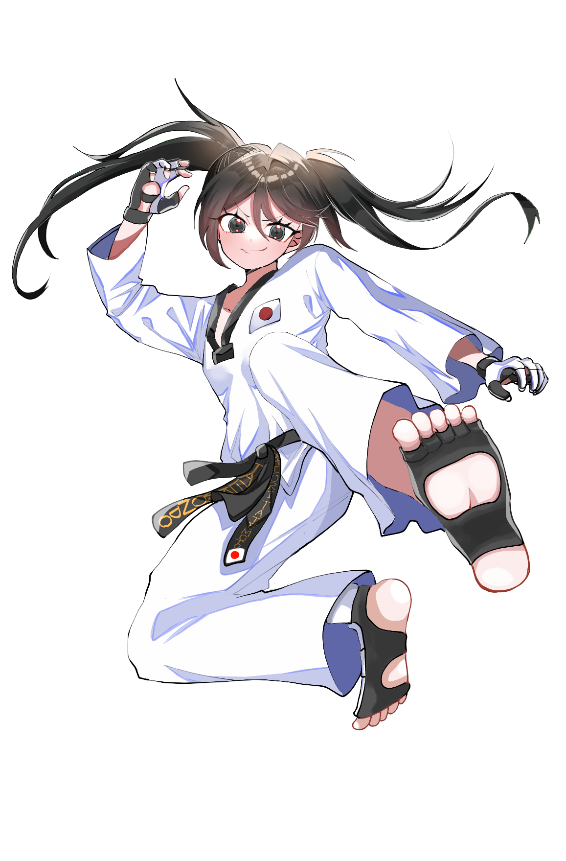 nao (user yscg3873), tatemoto shiori (nao), original, artist request, check artist, commentary request, highres, 1girl, belt, black belt, black eyes, black hair, blush, closed mouth, dougi, eyelashes, fingerless gloves, full body, gloves, hair between eyes, jacket, kicking, long hair, long sleeves, pants, smile, soles, solo, transparent background, twintails, white dougi, white gloves, white jacket, white pants