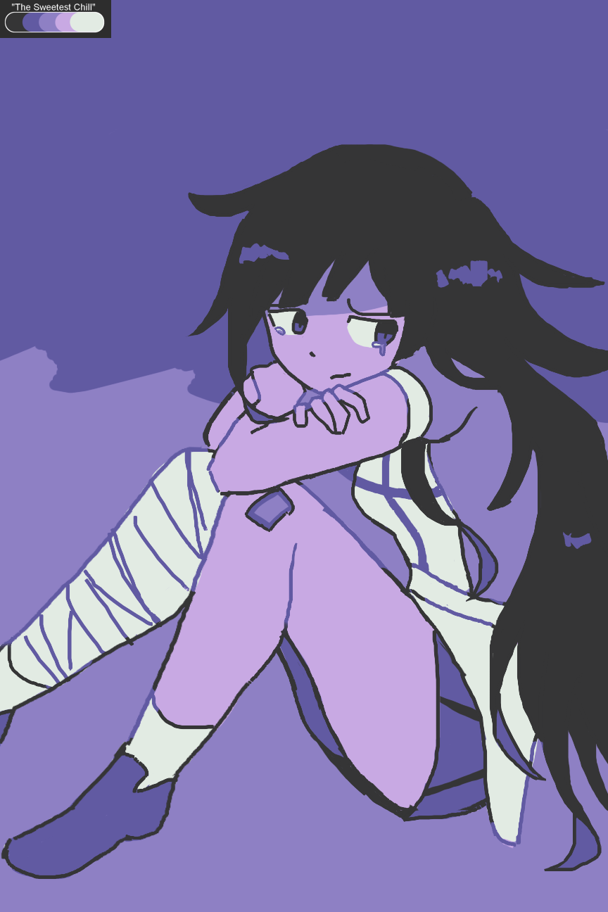 tsumiki mikan, danganronpa (series), danganronpa 2: goodbye despair, commentary, english commentary, highres, apron, bandaged leg, bandages, bandaid, chocolatechipcakes, closed mouth, color guide, crying, crying with eyes open, english text, long hair, monochrome, purple theme, sad, shirt, short sleeves, sitting, skirt, socks, tears