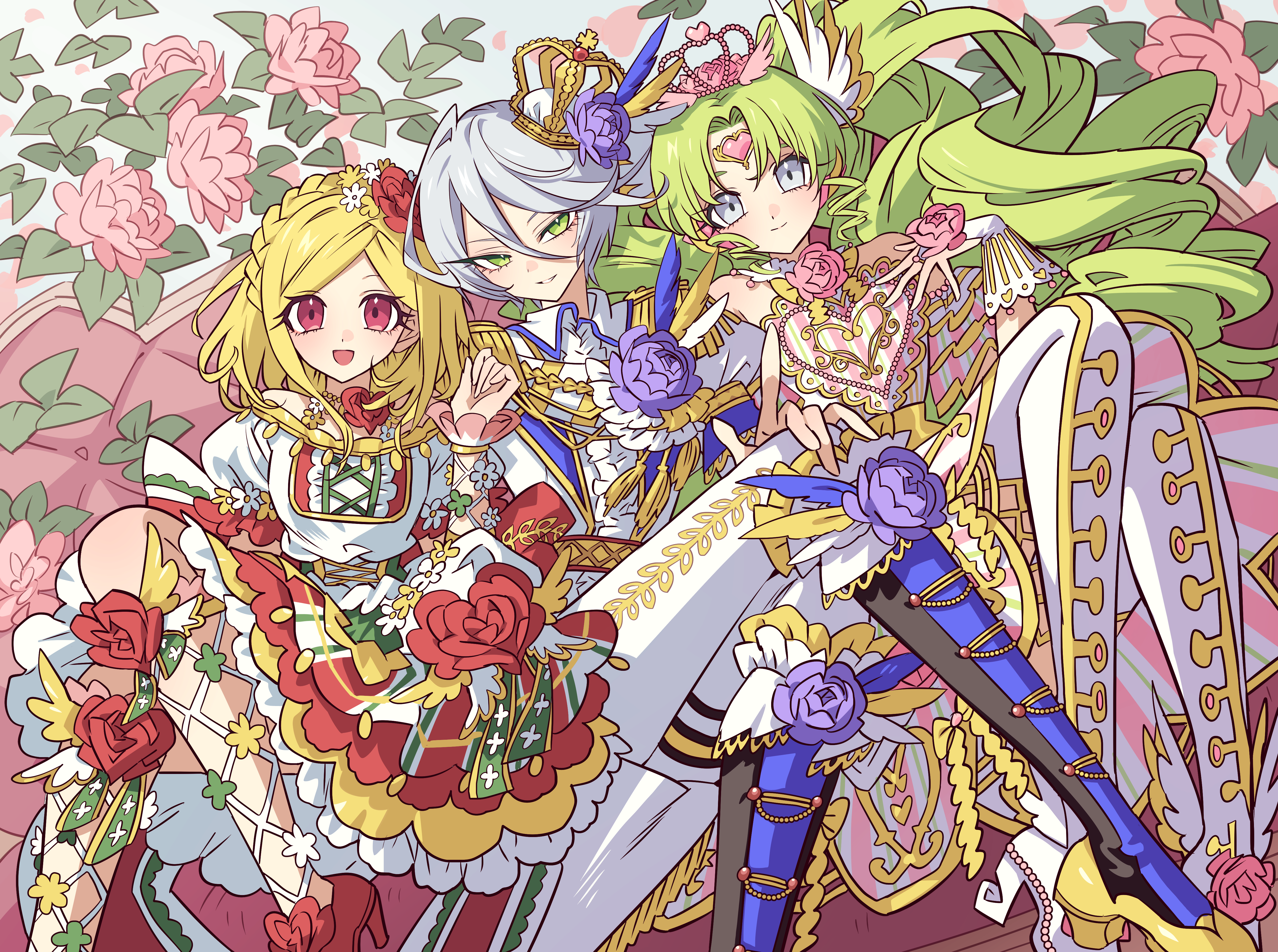 meremero, falulu, falulu (awakened), midorikaze fuwari, shikyoin hibiki, pretty series, pripara, absurdres, commentary request, highres, 3girls, :d, bare shoulders, blonde hair, boots, braid, closed mouth, colored eyelashes, couch, crown, crown braid, dress, drill hair, flower, forehead jewel, frilled dress, frills, green eyes, green hair, grey eyes, grey hair, hair between eyes, hair ornament, headphones, idol clothes, knees up, long hair, long sleeves, looking at viewer, multiple girls, on couch, open mouth, pants, parted bangs, pink flower, pink rose, purple flower, purple rose, red eyes, red flower, red rose, rose, short hair, sidelocks, sitting, smile, twin drills, twintails, very long hair, white boots, white pants, wing hair ornament