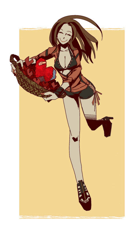 kyokugen dasshutsu, zero escape: toki no dilemma, commentary request, basket, black bra, black shorts, bra, breasts, brown hair, cleavage, closed eyes, closed mouth, collarbone, eyelashes, fingernails, heart, high heels, holding, holding basket, jacket, long fingernails, long hair, mira (kyokugen dasshutsu), nail polish, partially open jacket, red jacket, red nails, shoes, shorts, silver-frog, simple background, smile, standing, standing on one leg, underwear