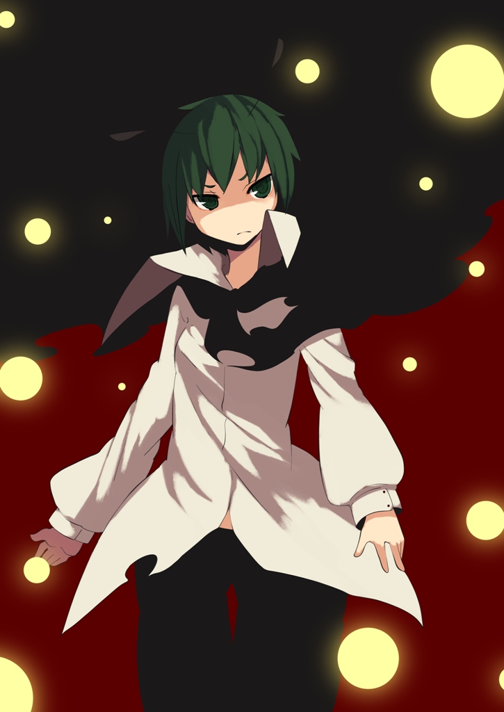 fuurin (omaemona), wriggle nightbug, touhou, bad id, bad pixiv id, 1girl, androgynous, antennae, cape, female focus, green eyes, green hair, matching hair/eyes, reverse trap, short hair, solo, standing