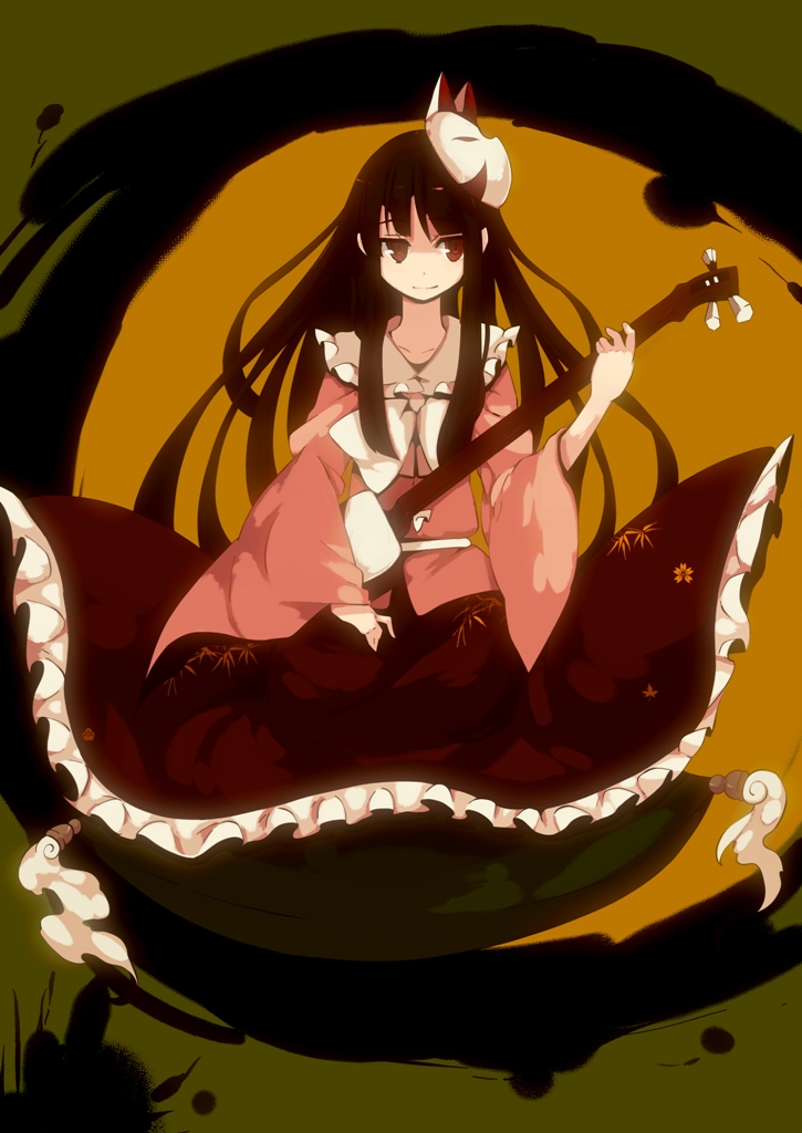 fuurin (omaemona), houraisan kaguya, touhou, bad id, bad pixiv id, 1girl, black hair, blunt bangs, brown eyes, female focus, fox mask, happy, hime cut, instrument, japanese clothes, long hair, mask, shamisen, solo