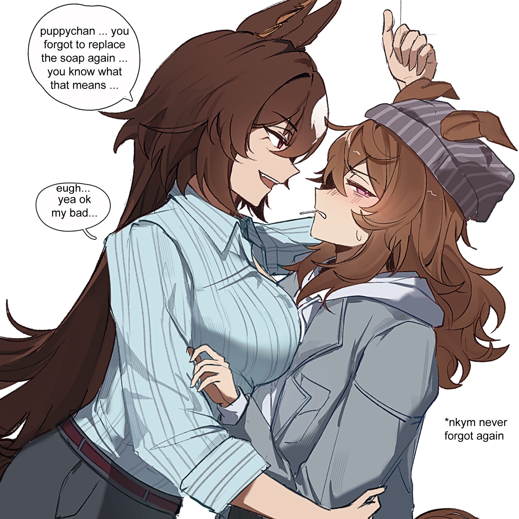 jenn (sinclairfan1), nakayama festa (casual) (umamusume), nakayama festa (umamusume), sirius symboli (casual) (umamusume), sirius symboli (umamusume), umamusume, commentary, english commentary, highres, 2girls, animal ears, asymmetrical docking, averting eyes, beanie, belt, blue shirt, breast press, breasts, brown belt, brown hair, collared shirt, ears through headwear, english text, face-to-face, from side, grey hat, grey jacket, grey pants, hat, horse ears, horse girl, horse tail, jacket, large breasts, lollipop in mouth, long sleeves, multicolored hair, multiple girls, open mouth, pants, purple eyes, red eyes, shirt, speech bubble, striped clothes, striped shirt, tail, two-tone hair, white hair, yuri