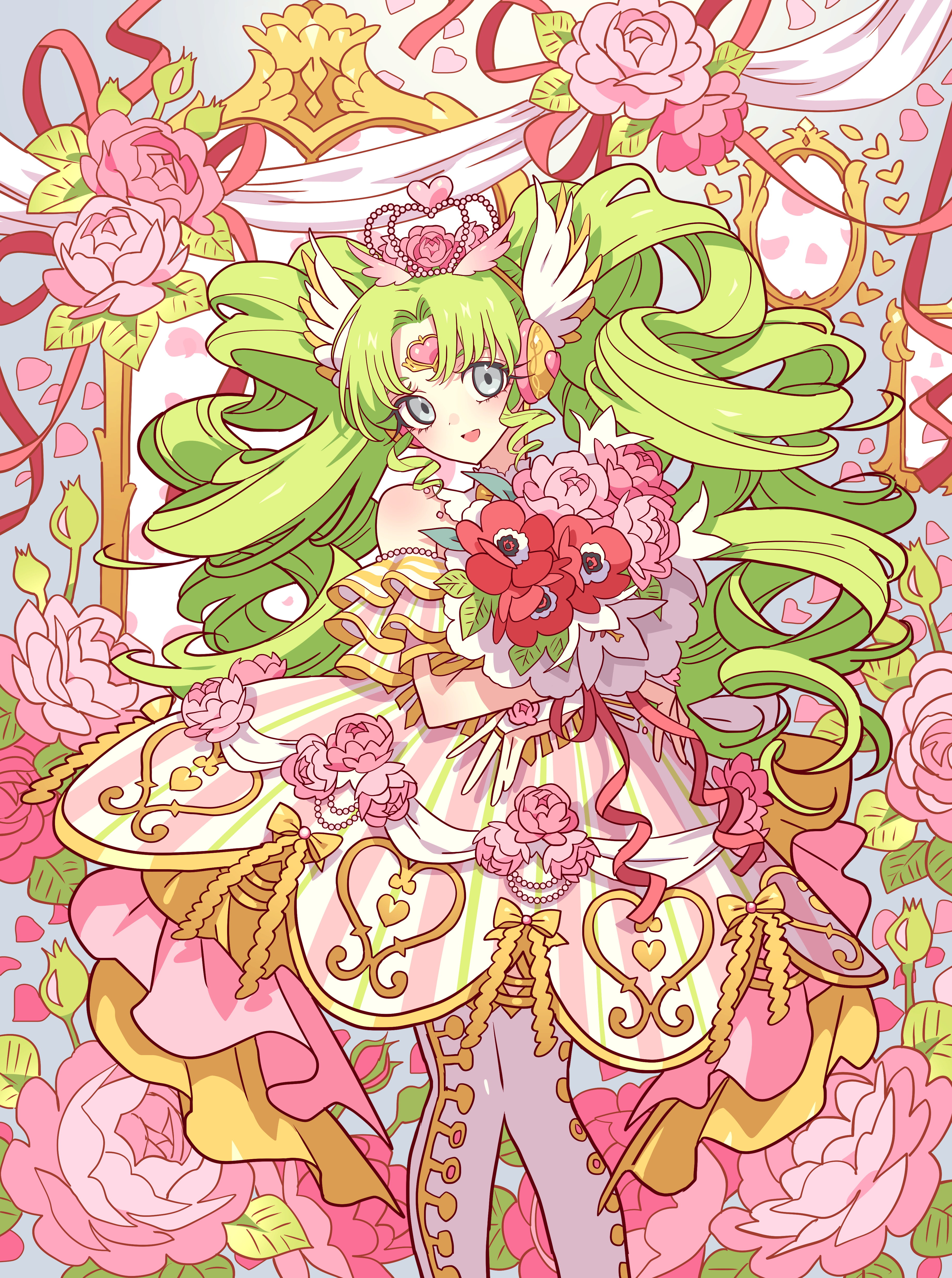 meremero, falulu, falulu (awakened), pretty series, pripara, absurdres, commentary request, highres, 1girl, :d, bouquet, colored eyelashes, dress, drill hair, feet out of frame, floral background, flower, forehead jewel, gold trim, green hair, grey eyes, hair ornament, headphones, holding, holding bouquet, idol clothes, long hair, looking at viewer, mirror, open mouth, pantyhose, parted bangs, petals, pink dress, pink flower, pink rose, red flower, rose, sidelocks, smile, solo, standing, twintails, white pantyhose, wing hair ornament