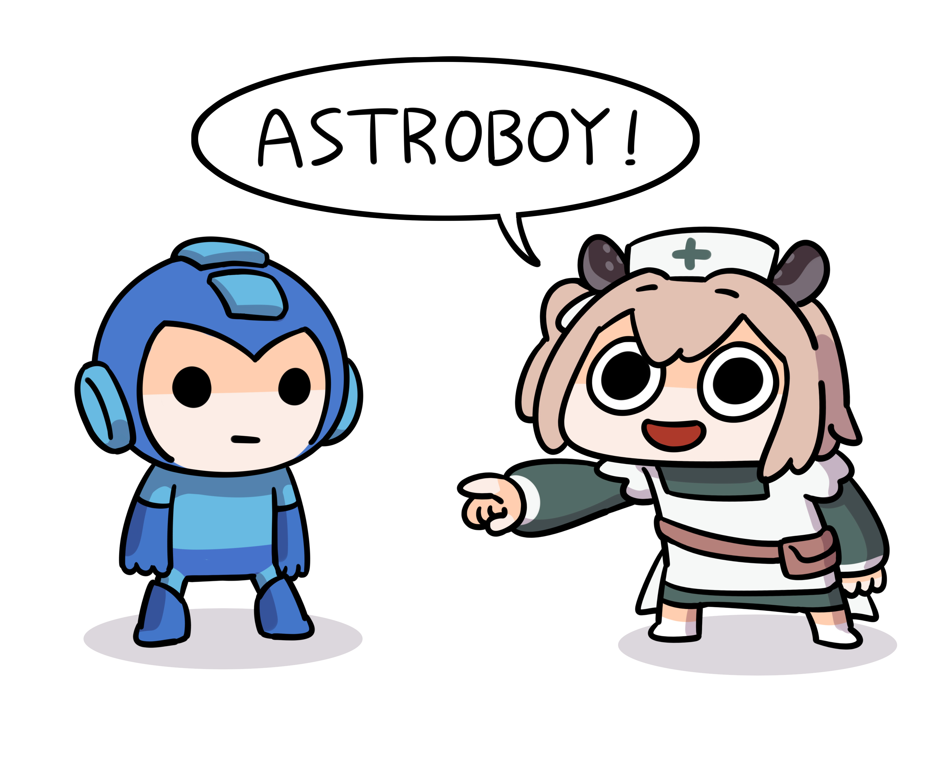 keenbiscuit, mega man (character), nimi nightmare, nimi nightmare (1st costume), indie virtual youtuber, mega man (series), absurdres, commentary, english commentary, highres, 1boy, 1girl, animal ears, apron, brown hair, medium hair, open mouth, pointing, pouch, side ponytail, smile, tapir ears, virtual youtuber