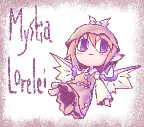 nekoguruma, mystia lorelei, touhou, 1girl, animal ears, bow, character name, chibi, female focus, hat, pink hair, short hair, solo, wings