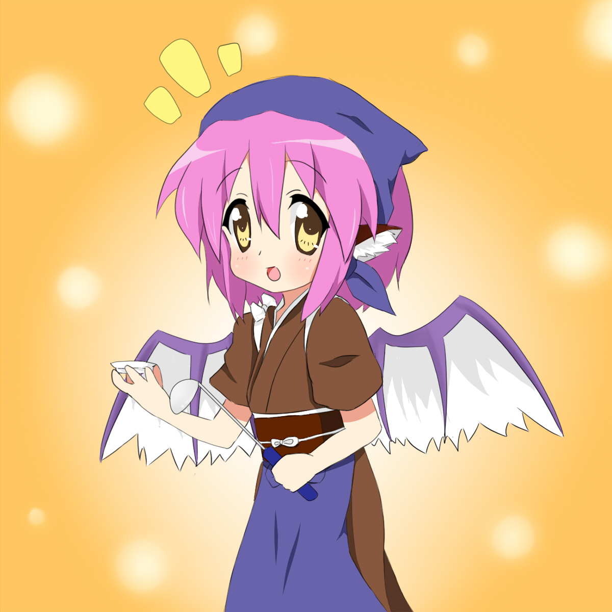chiro-minami, chiro (bocchiropafe), mystia lorelei, okamisty, lucky star, touhou, highres, 00s, 1girl, animal ears, blue headscarf, female focus, headscarf, japanese clothes, ladle, pink hair, short hair, solo, tasuki, wings, yellow eyes