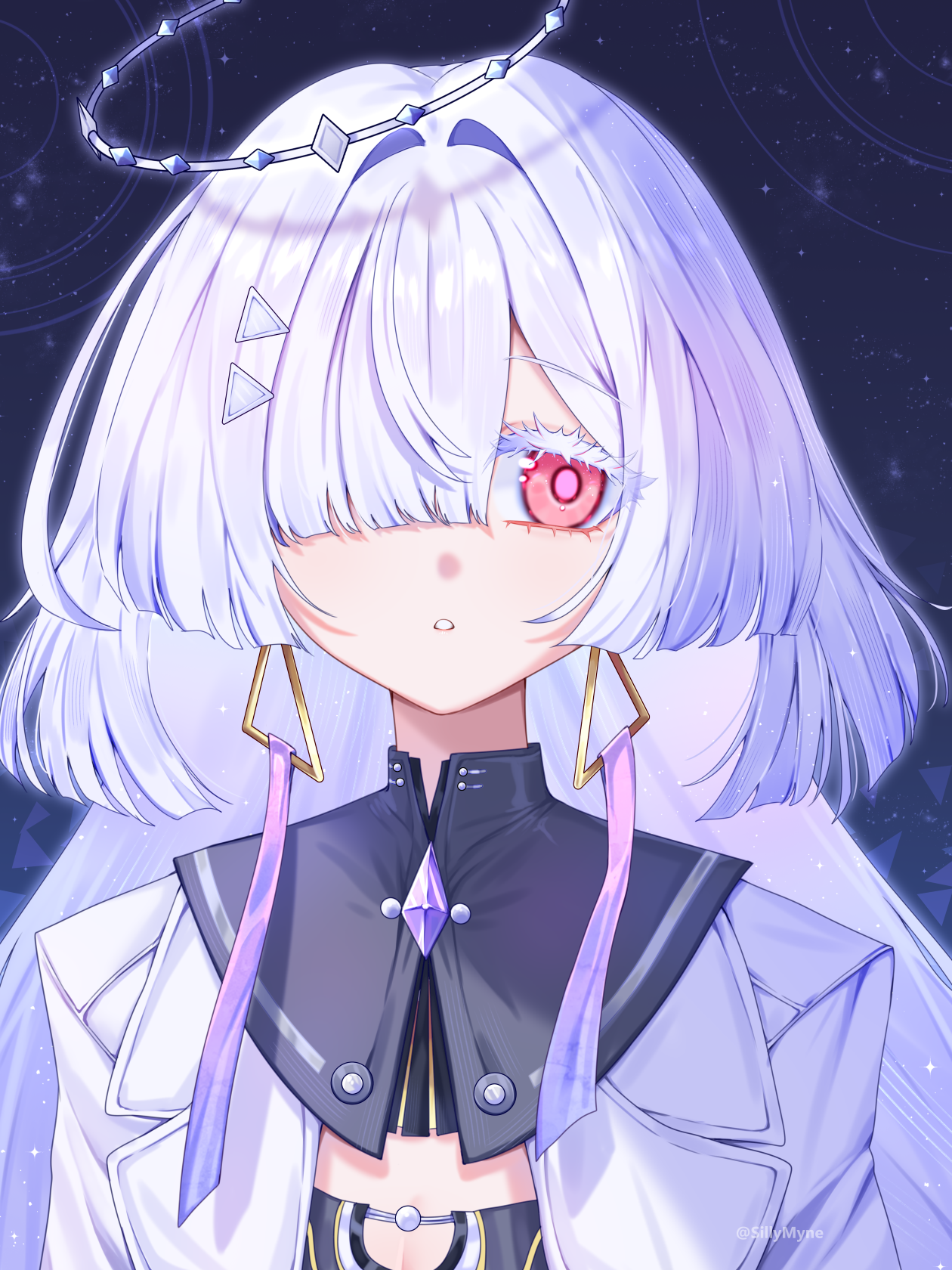 sillymyne, mornye (wuthering waves), wuthering waves, commentary, highres, 1girl, colored eyelashes, earrings, grey hair, hair intakes, hair ornament, hair over one eye, halo, jewelry, long hair, looking to the side, parted lips, portrait, red eyes, solo, triangle earrings, twitter username