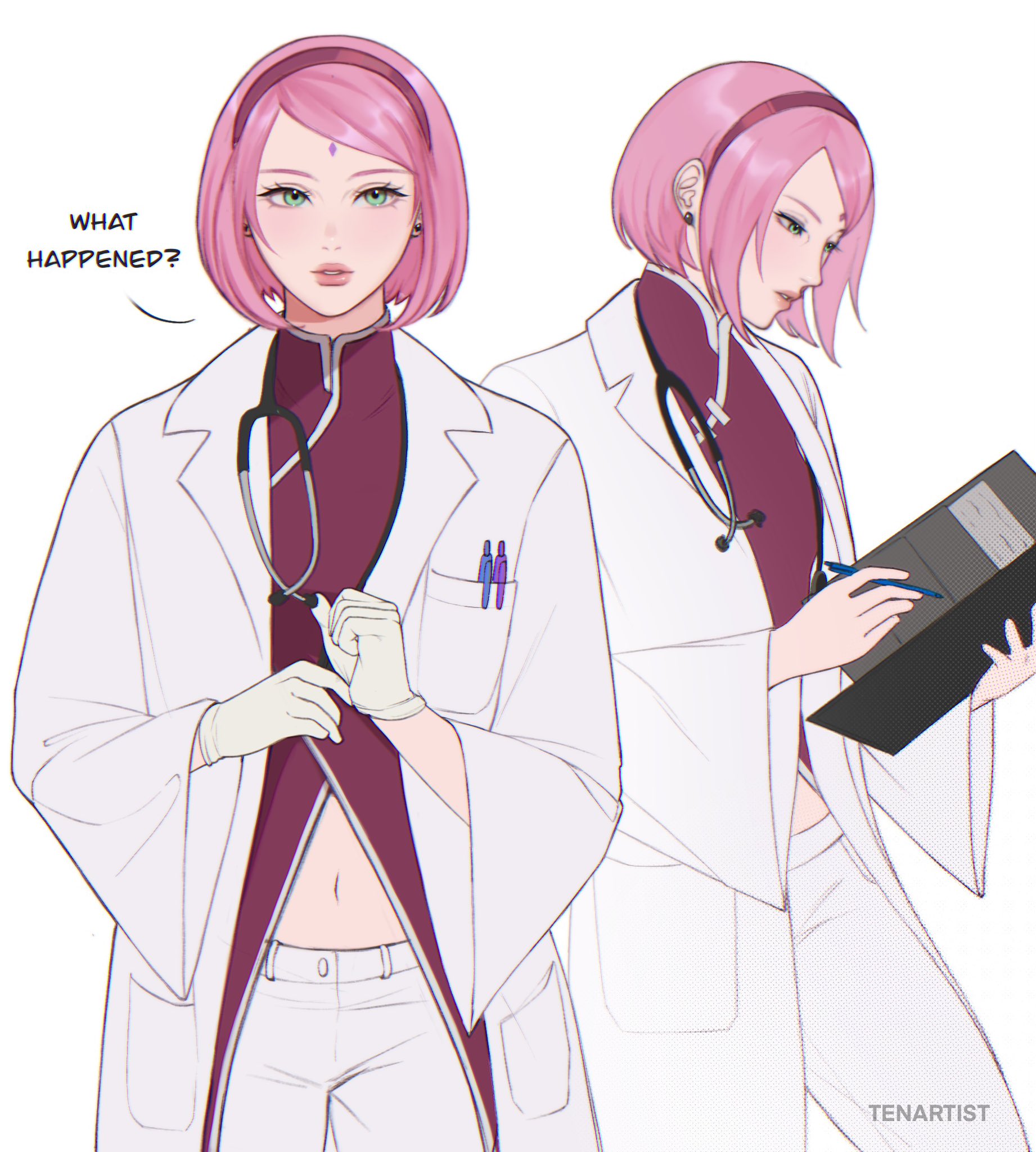 tenartistt, haruno sakura, boruto: naruto next generations, naruto (series), commentary, english commentary, highres, 1girl, ?, artist name, ben-day dots, bob cut, breast pocket, clipboard, coat, cowboy shot, denim, earrings, english text, facial mark, flapper shirt, forehead mark, gloves, green eyes, hairband, holding, holding clipboard, holding pen, jeans, jewelry, lab coat, long coat, looking ahead, looking down, mandarin collar, midriff, multiple views, navel, nurse, object in pocket, open clothes, open coat, pants, parted lips, pen, pen in pocket, pocket, red hairband, red shirt, screentones, shirt, simple background, speech bubble, stethoscope, stethoscope around neck, straight hair, stud earrings, swept bangs, teeth, white background, white coat, white gloves, white pants, white trim, wide sleeves