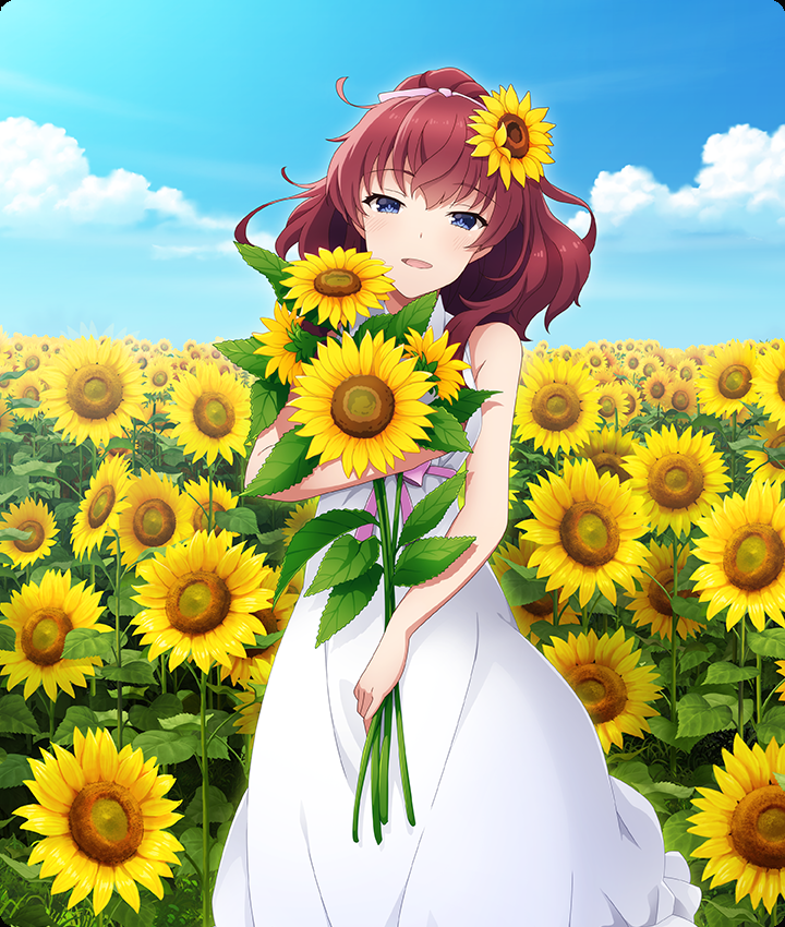 konohana suzuka, toji no miko, toji no miko: kizamishi issen no tomoshibi, game cg, official art, third-party source, 1girl, bare shoulders, blue eyes, blue sky, blush, cloud, day, dot nose, dress, feet out of frame, field, flower, flower field, hair flower, hair ornament, hair ribbon, head tilt, holding, holding flower, looking at viewer, medium hair, open mouth, outdoors, pink ribbon, red hair, ribbon, sky, sleeveless, sleeveless dress, smile, solo, sunflower, sunflower field, white dress, yellow flower