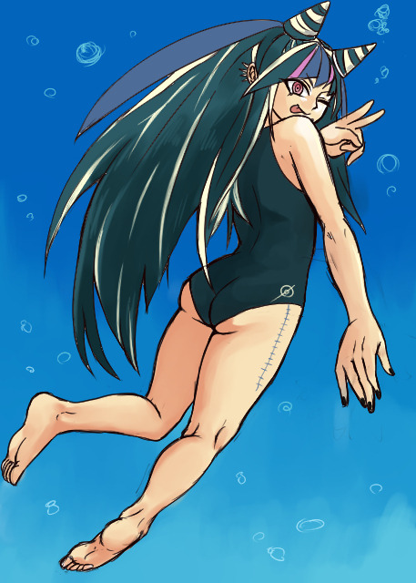 mioda ibuki, danganronpa (series), danganronpa 2: goodbye despair, mixed-language commentary, third-party source, 1girl, ;q, air bubble, ass, barefoot, black hair, black nails, black one-piece swimsuit, blue hair, blue streaks, bubble, ear piercing, eyelashes, fingernails, full body, hair horns, ithihito0, long hair, looking back, multicolored hair, nail polish, one-piece swimsuit, one eye closed, piercing, pink eyes, pink hair, pink streaks, smile, solo, stitches, streaked hair, swimsuit, tongue, tongue out, underwater, v, white hair