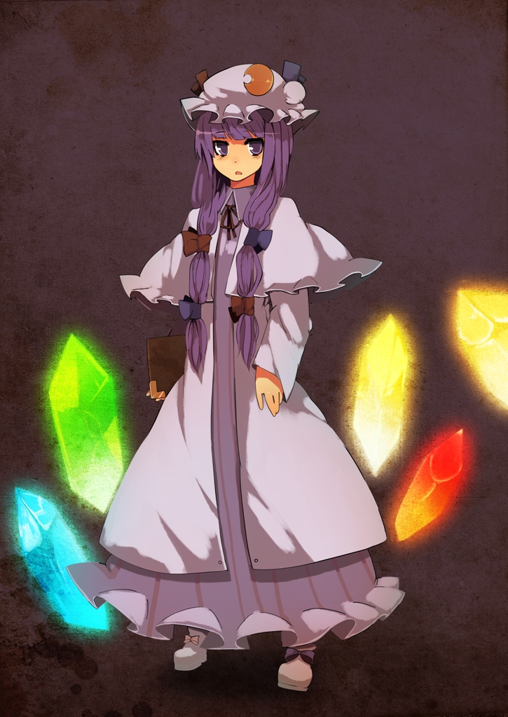fuurin (omaemona), patchouli knowledge, touhou, bad id, bad pixiv id, 1girl, book, braid, crystal, female focus, full body, glowing, hat, long hair, purple eyes, purple hair, ribbon, solo