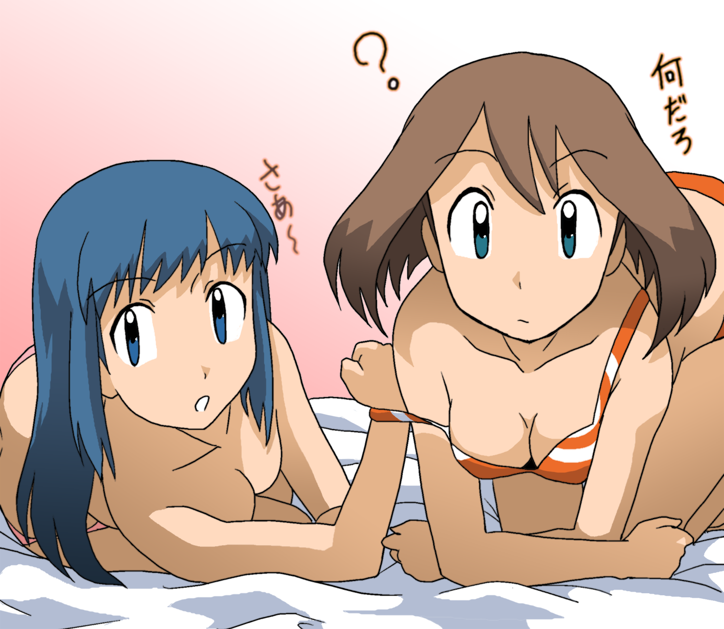 takaya n, dawn (pokemon), may (pokemon), nintendo, pokemon, highres, translation request, 2girls, ?, all fours, bed, bed sheet, blue eyes, blue hair, bra, breasts, brown hair, cleavage, collarbone, downblouse, lingerie, long hair, lying, medium breasts, multiple girls, no headwear, on side, orange panties, panties, pink panties, simple background, strap slip, striped bra, striped clothes, topless female, underwear, underwear only