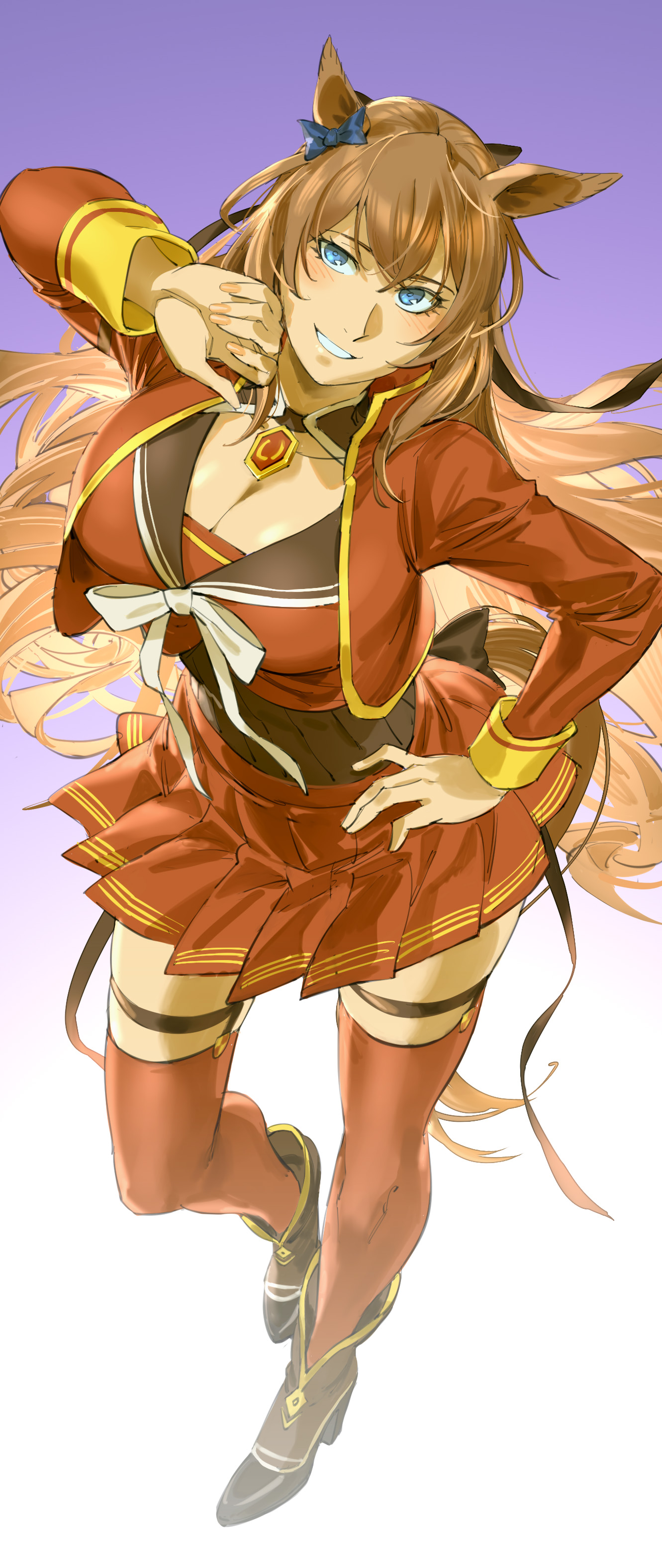 ruukii drift, maruzensky (formula r) (umamusume), maruzensky (umamusume), umamusume, absurdres, highres, 1girl, animal ears, arm up, blue eyes, blush, boots, bow, breasts, brown boots, brown hair, cleavage, full body, gradient background, grin, hair between eyes, hair bow, hand on own hip, high heel boots, high heels, horse ears, horse girl, horse tail, large breasts, long hair, medium breasts, simple background, smile, solo, standing, tail, thigh strap, thighhighs, thighhighs under boots, very long hair, zettai ryouiki