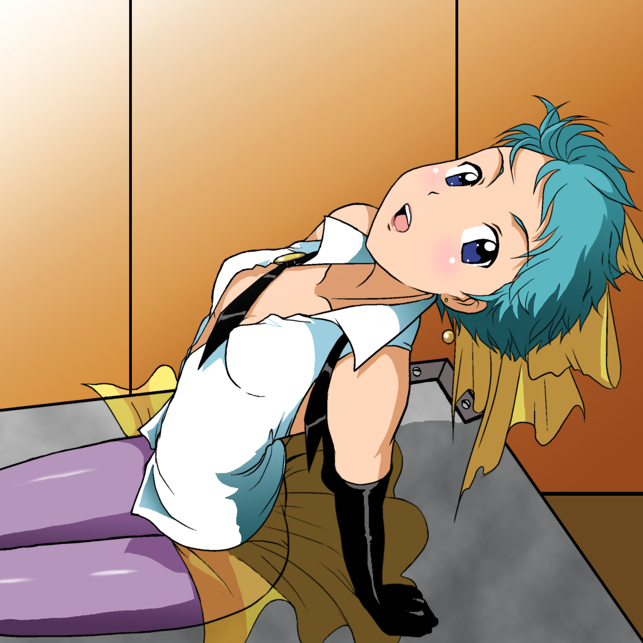 takaya n, kazuki mai, magical emi, mahou no star magical emi, 1980s (style), highres, 1girl, arched back, bare shoulders, blue eyes, bow, downblouse, elbow gloves, female focus, gloves, green hair, hair ribbon, magical girl, magician, necktie, no bra, oldschool, open clothes, open shirt, pantyhose, retro artstyle, ribbon, shirt, sitting, sleeveless, sleeveless shirt, solo, yellow bow