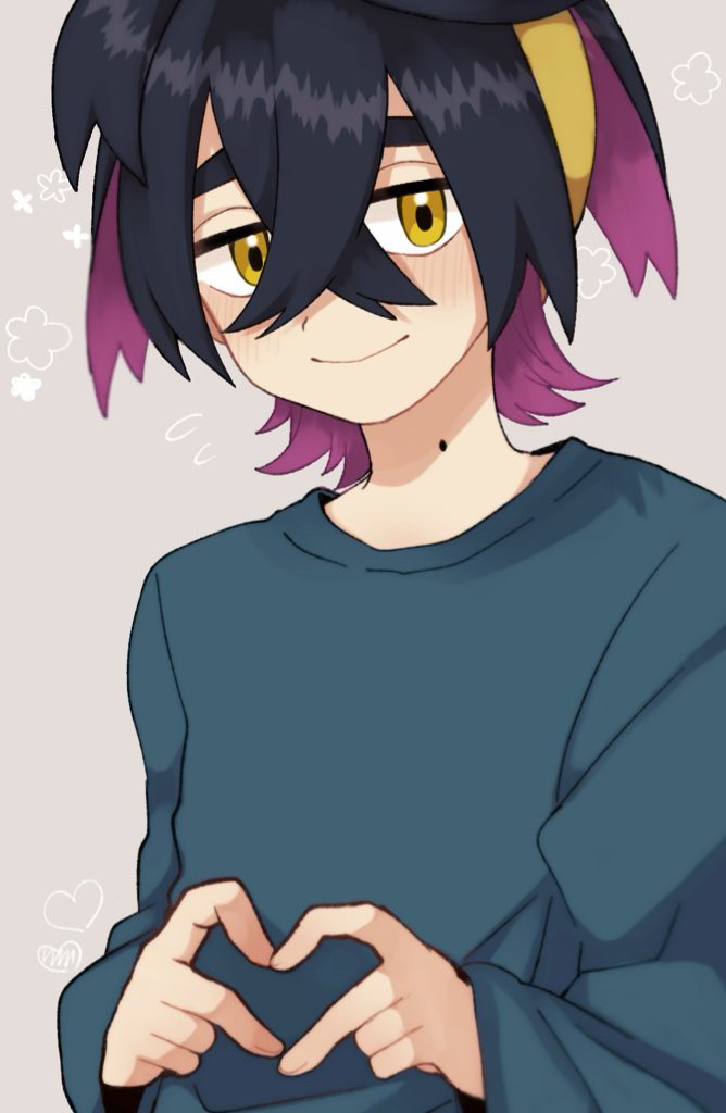 hykchiba, kieran (pokemon), nintendo, pokemon, pokemon sv, commentary, 1boy, black hair, blue sweater, colored inner hair, crossed bangs, four-finger heart hands, grey background, hairband, heart, heart hands, light blush, long sleeves, looking at viewer, male focus, mole, mole on neck, multicolored hair, purple hair, smile, solo, sweater, thick eyebrows, two-tone hair, yellow eyes, yellow hairband
