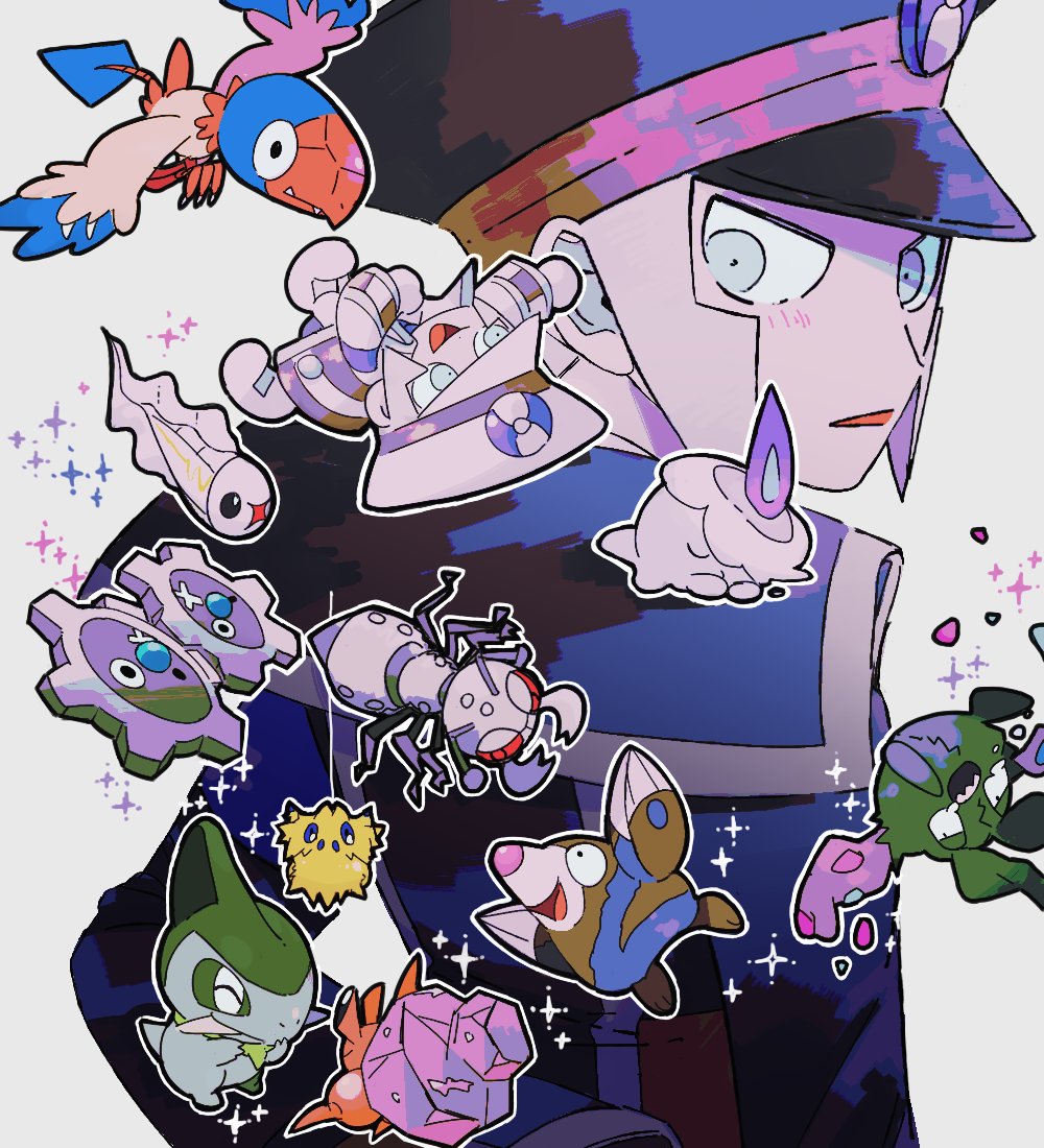 kari (user grrs8577), archen, axew, drilbur, durant, dwebble, emmet (pokemon), ingo (pokemon), joltik, klink, litwick, trubbish, tympole, nintendo, pokemon, pokemon bw, 2boys, black coat, black hat, black pants, brothers, chibi, coat, gen 5 pokemon, grey eyes, grey hair, hat, looking back, male focus, multiple boys, necktie, pants, shirt, siblings, sparkle, twins, white coat, white hat, white pants, white shirt