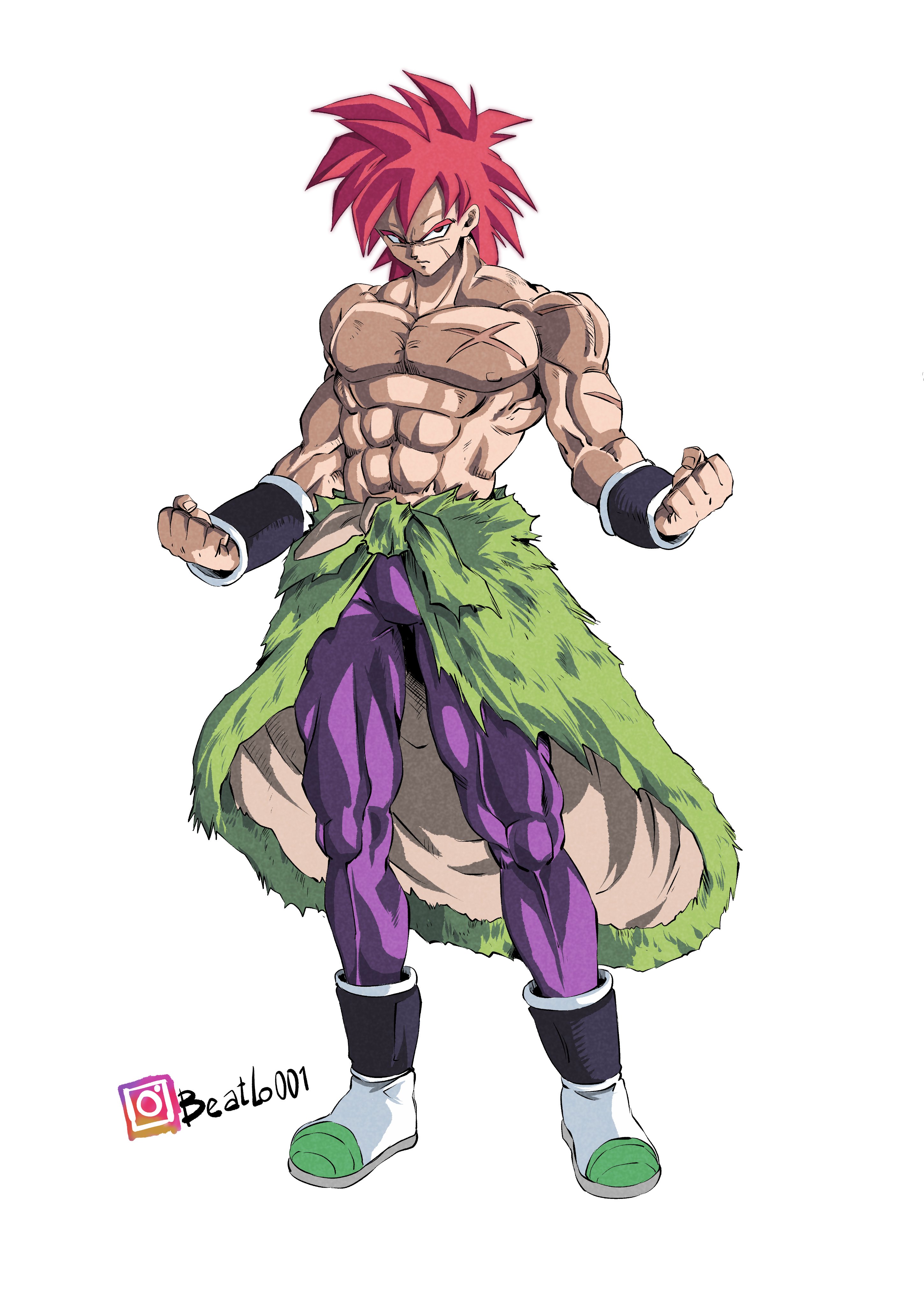 beatlo (rodrigo38658978), broly (dragon ball super), dragon ball, dragon ball super, dragon ball super broly, absurdres, highres, 1boy, clenched hands, male focus, muscular, muscular male, pants, purple pants, red eyes, red hair, scar, scar on face, short hair, simple background, solo, super saiyan, super saiyan god, topless male, white background