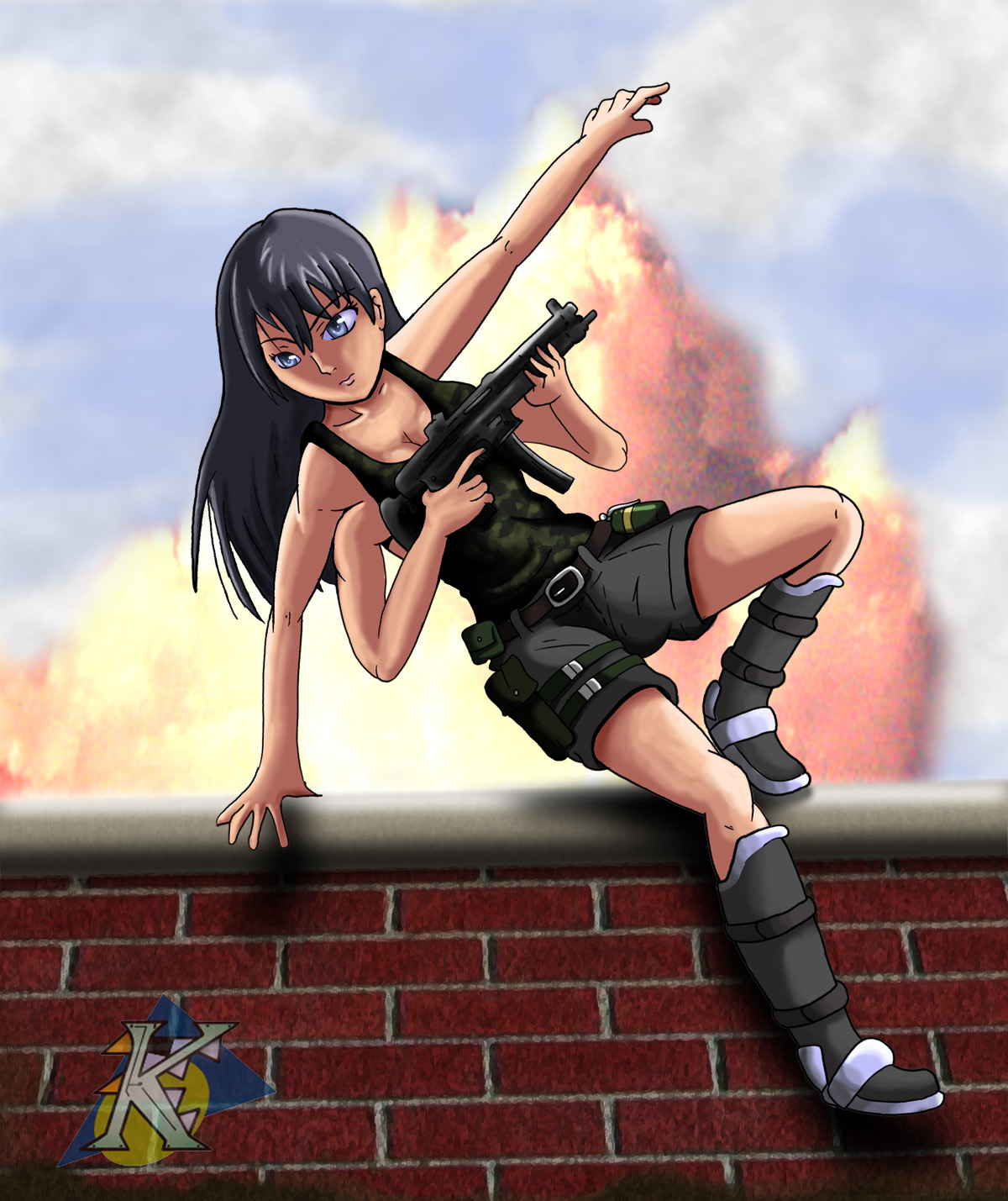 highres, black hair, blue eyes, extra arms, gloves, long hair, multi limb