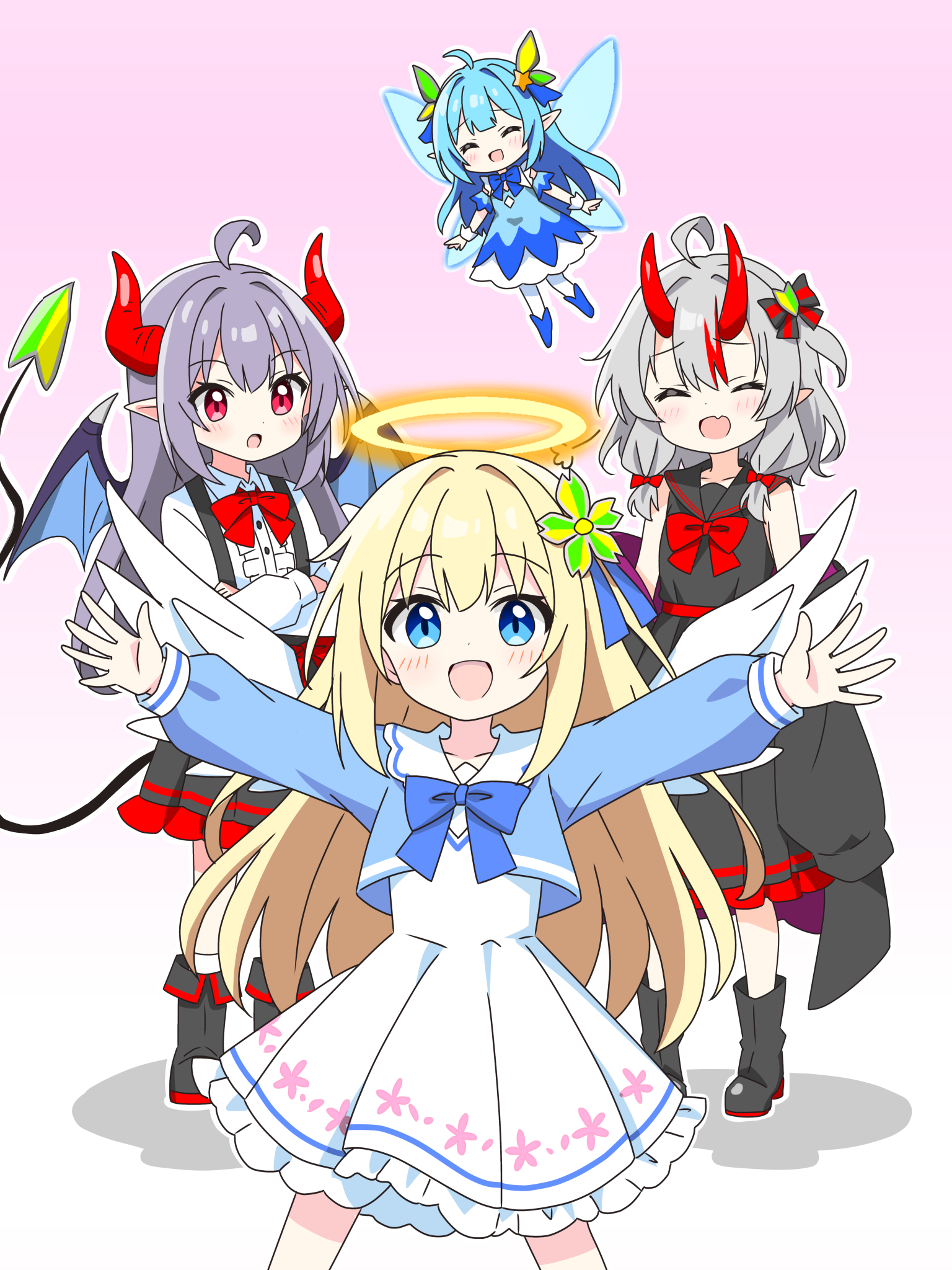 kotatsu-mazoku, original, commentary, highres, 4girls, :d, ^ ^, ahoge, angel, angel wings, bare shoulders, black boots, black bow, black coat, black sailor collar, black shirt, black skirt, blonde hair, blue boots, blue bow, blue bowtie, blue dress, blue eyes, blue hair, blue shirt, blush, boots, bow, bowtie, closed eyes, coat, collarbone, collared shirt, crossed arms, demon girl, demon horns, demon tail, demon wings, dot nose, double-parted bangs, dress, fairy, fairy-san (kotatsu-mazoku), fairy wings, feathered wings, feet out of frame, frilled dress, frilled skirt, frills, gradient background, grey hair, hair bow, hair ornament, halo, horns, long hair, long sleeves, looking at viewer, multicolored hair, multiple girls, off shoulder, open clothes, open coat, open mouth, outline, outstretched arms, pantyhose, pink background, pleated skirt, pointy ears, purple hair, red bow, red bowtie, red eyes, red horns, red streaks, sailor collar, shirt, short hair, short sleeves, shoshinsha angel girl (kotatsu-mazoku), shoshinsha demon girl (kotatsu-mazoku), shoshinsha mark, shoshinsha oni girl (kotatsu-mazoku), sidelocks, skirt, sleeveless, sleeveless shirt, smile, socks, standing, star (symbol), star hair ornament, streaked hair, striped bow, tail, traditional halo, white dress, white outline, white pantyhose, white sailor collar, white shirt, white socks, white wings, wings, wrist cuffs