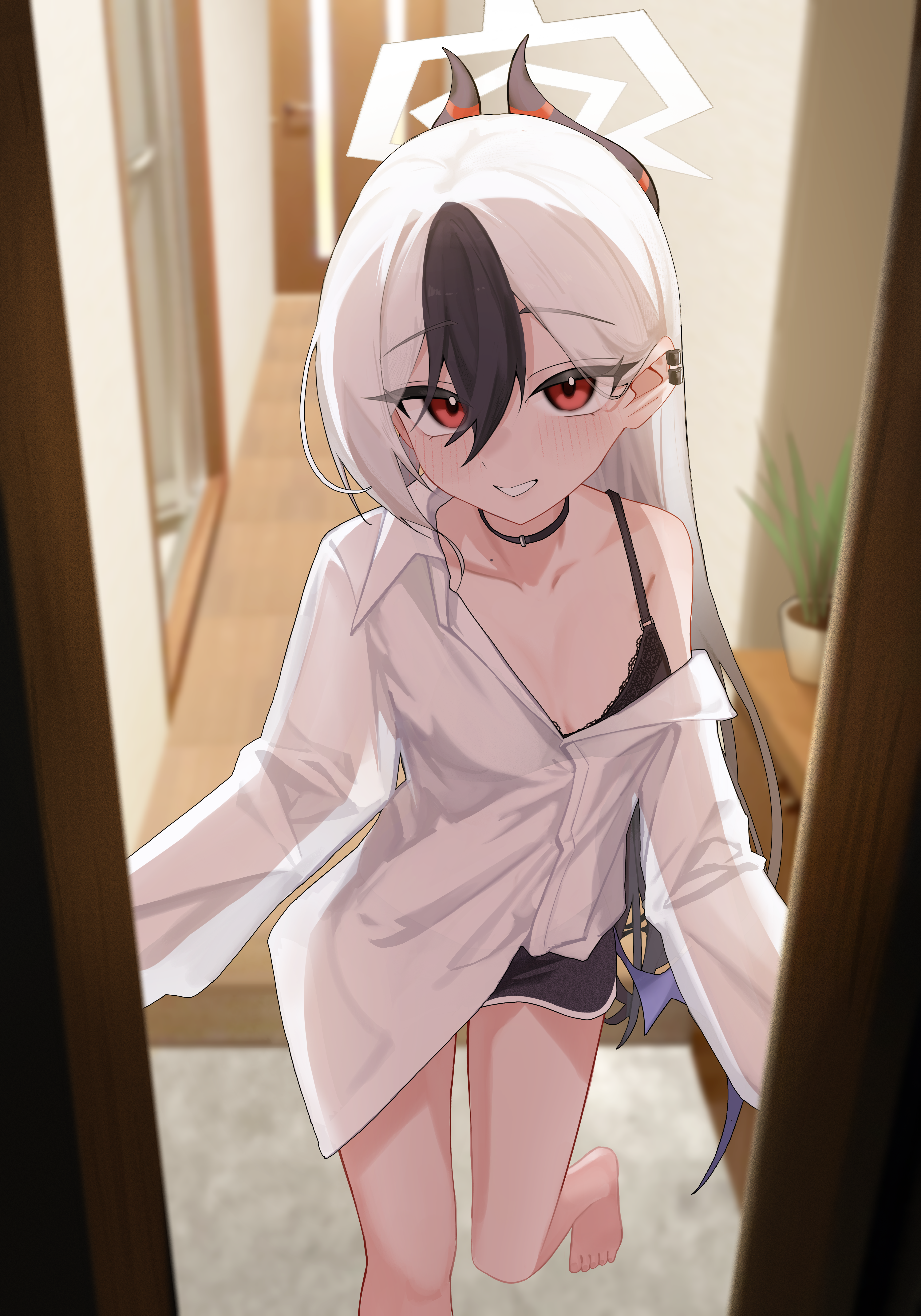 ryoya, kayoko (blue archive), blue archive, absurdres, commentary request, highres, revision, 1girl, barefoot, black bra, black hair, black horns, black shorts, bra, breasts, demon girl, demon horns, dolphin shorts, grey hair, grey halo, halo, horns, multicolored hair, pov, red eyes, shirt, short shorts, shorts, single bare shoulder, small breasts, solo, thighs, two-tone hair, underwear, white shirt