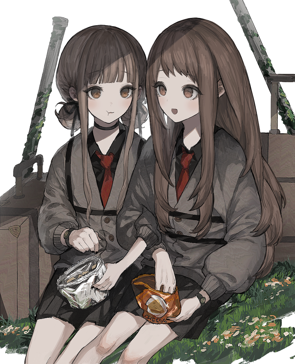 es-ther, original, commentary request, 2girls, :t, bag, bag of chips, black choker, black nails, black ribbon, black shirt, black skirt, brown eyes, brown hair, cardigan, chips (food), choker, closed mouth, collared shirt, double bun, dress shirt, eating, feet out of frame, fingernails, food, grass, grey cardigan, hair bun, hair ribbon, holding, holding bag, locked arms, long hair, long sleeves, looking at another, multiple girls, necktie, on ground, open mouth, puffy long sleeves, puffy sleeves, red necktie, ribbon, shirt, short hair with long locks, sidelocks, sitting, skirt, suitcase, watch, white background, wristwatch
