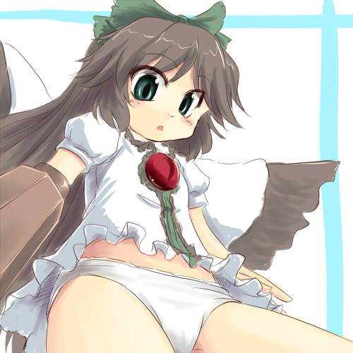kakkou, reiuji utsuho, touhou, bad id, bad pixiv id, lowres, 1girl, bow, brown hair, cape, female focus, green eyes, hair bow, long hair, no pants, panties, solo, underwear, white background, wings