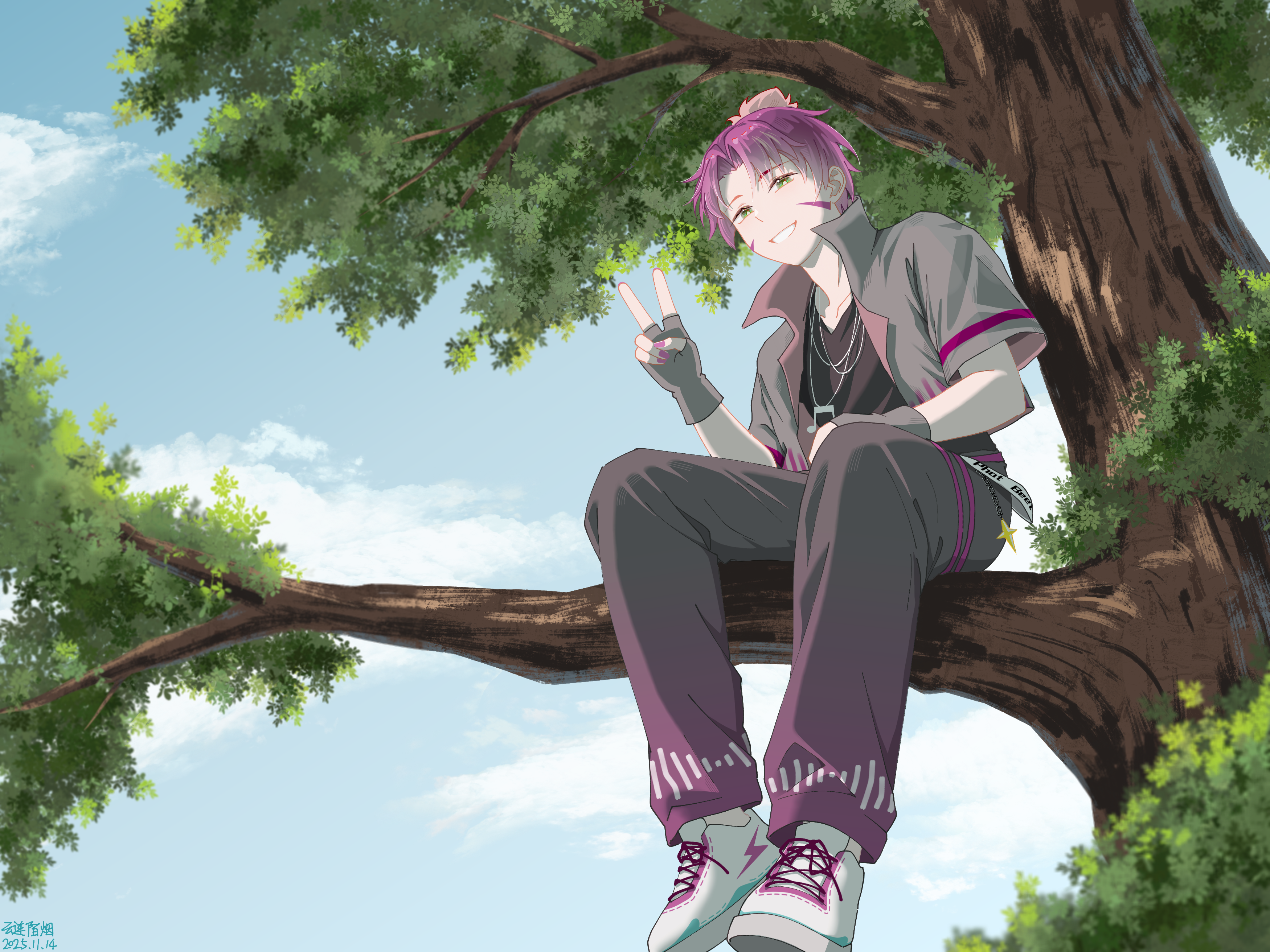 plants vs. zombies, plants vs. zombies 2, absurdres, chinese commentary, commentary request, highres, procreate (medium), translation request, 1boy, 2025, :d, bare arms, black pants, black shirt, blue sky, bright pupils, chain, chinese text, cloud, collarbone, collared jacket, curtained hair, dated, day, facial mark, fenghongshenqiushi, fingerless gloves, from below, full body, gloves, green eyes, grey gloves, grey jacket, grin, hair behind ear, hair bun, hand on own stomach, hand up, jacket, jewelry, knees apart feet together, lightning bolt symbol, looking at viewer, male focus, musical note necklace, nail polish, necklace, open clothes, open jacket, open mouth, outdoors, pants, personification, phat beet (plants vs. zombies), pink hair, pink nails, puffy pants, shirt, shoelaces, shoes, short-sleeved jacket, short hair, short sleeves, simple background, single hair bun, sky, smile, sneakers, solo, tree, v, very short hair, white pupils, white shoes