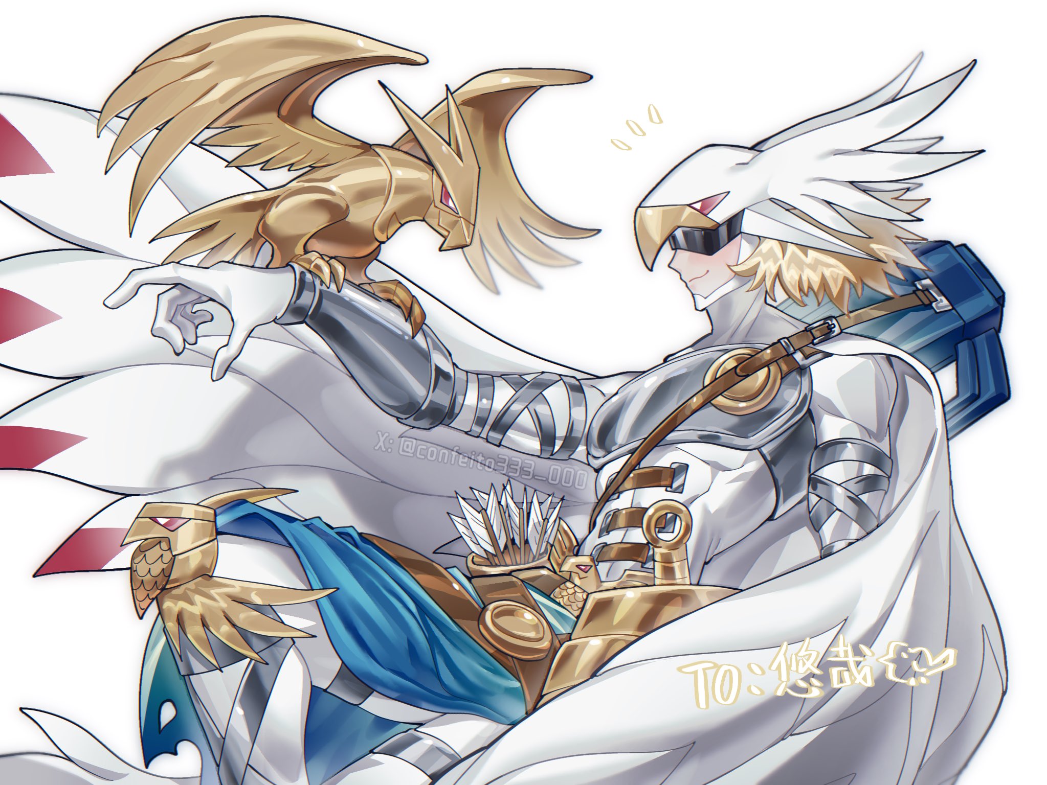 confeito000 333, valkyrimon, digimon, highres, 1boy, armor, arrow (projectile), cape, cowboy shot, digimon (creature), freyja (digimon), profile, simple background, solo, white background, white cape