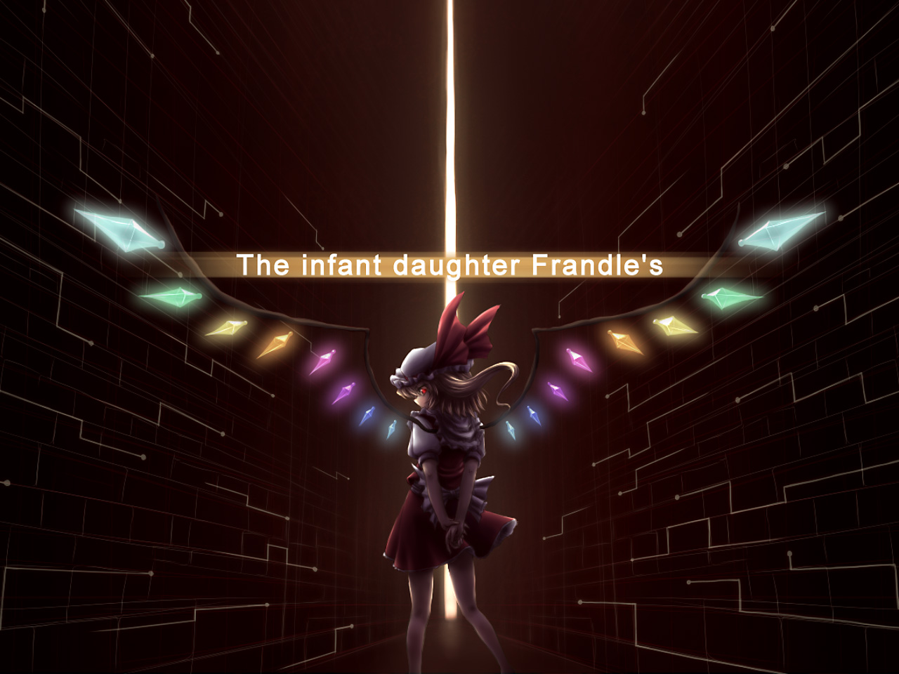 kakkou, flandre scarlet, touhou, bad id, bad pixiv id, 1girl, arms behind back, blonde hair, dark, english text, engrish text, female focus, from behind, glowing, hat, looking back, ponytail, ranguage, red eyes, short hair, side ponytail, solo, standing, vampire, wings