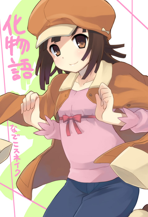 otoutogimi, sengoku nadeko, bakemonogatari, monogatari (series), 00s, 1girl, blush, brown eyes, brown hair, female focus, hat, jacket, jacket on shoulders, newsboy cap, short hair, smile, solo