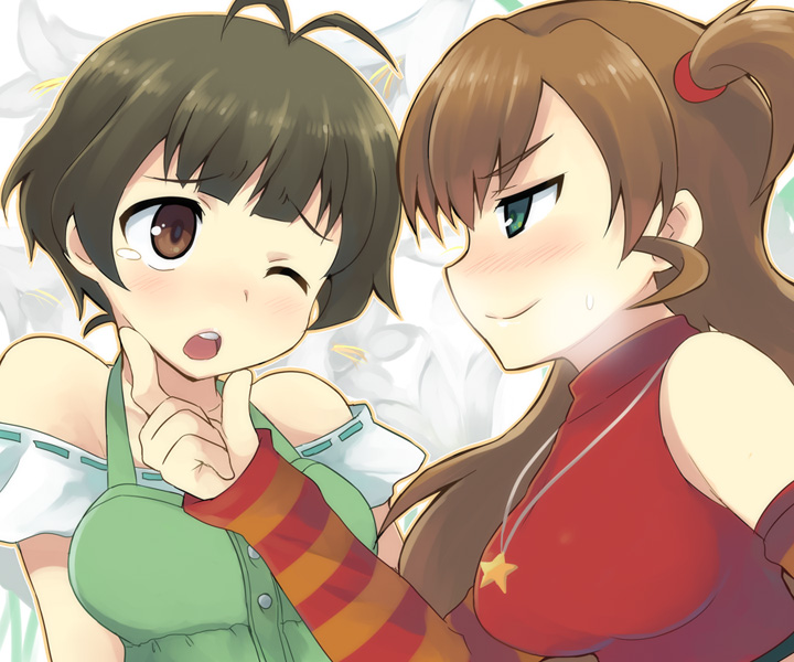 otoutogimi, akizuki ryo, sakurai yumeko, idolmaster, idolmaster dearly stars, 1boy, 1girl, antenna hair, bare shoulders, blush, breast padding, brown eyes, brown hair, chin in hands, crossdressing, detached sleeves, grabbing another's chin, green eyes, hand on another's chin, jewelry, long hair, necklace, open mouth, profile, short hair, side ponytail, sleeveless, sleeveless turtleneck, smile, star (symbol), sweat, sweatdrop, tears, trap, turtleneck, wince
