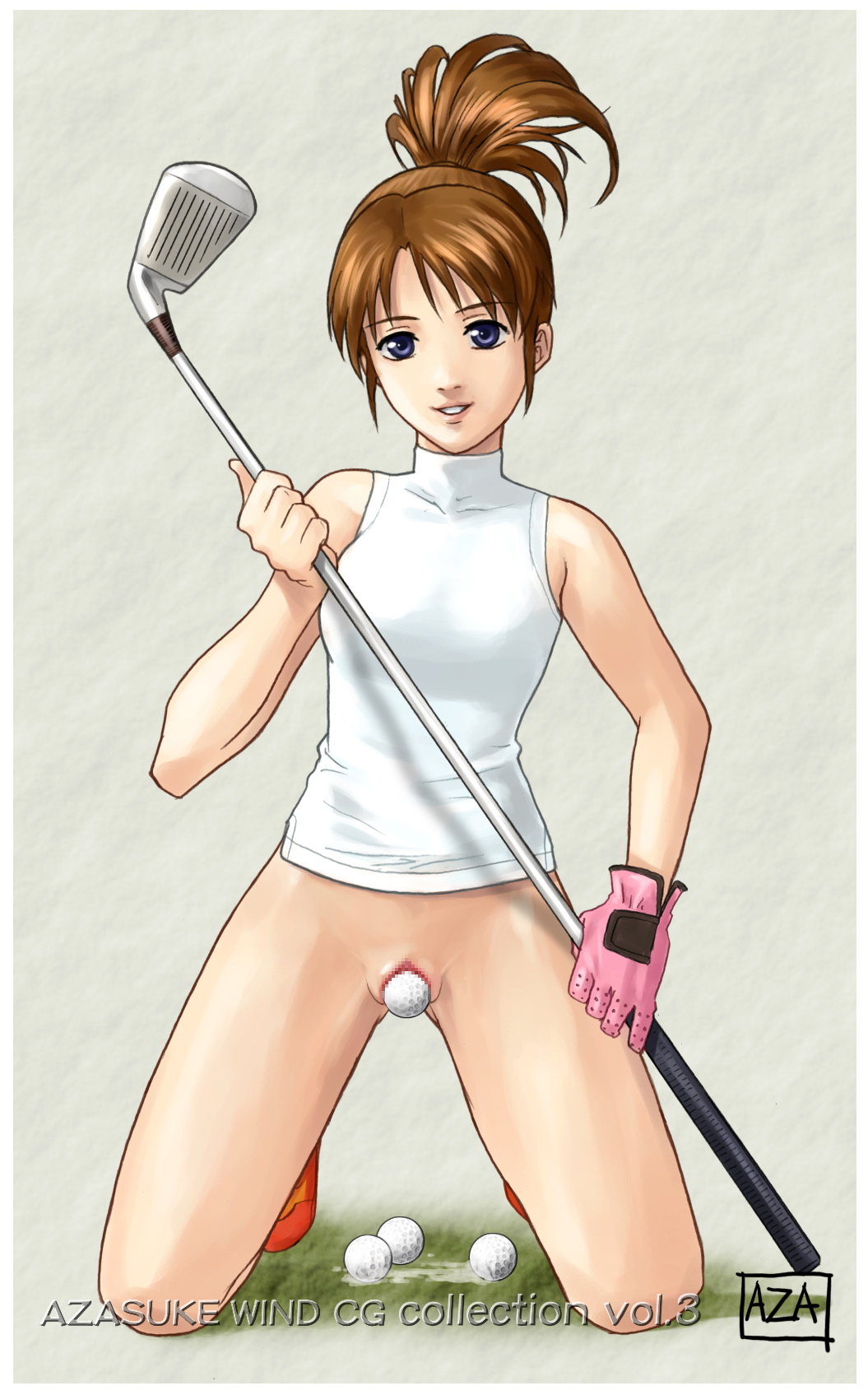 azasuke, nanako (minna no golf), clap hanz, minna no golf, highres, 1girl, ball, censored, female focus, golf ball, golf club, object insertion, solo, vaginal, vaginal object insertion