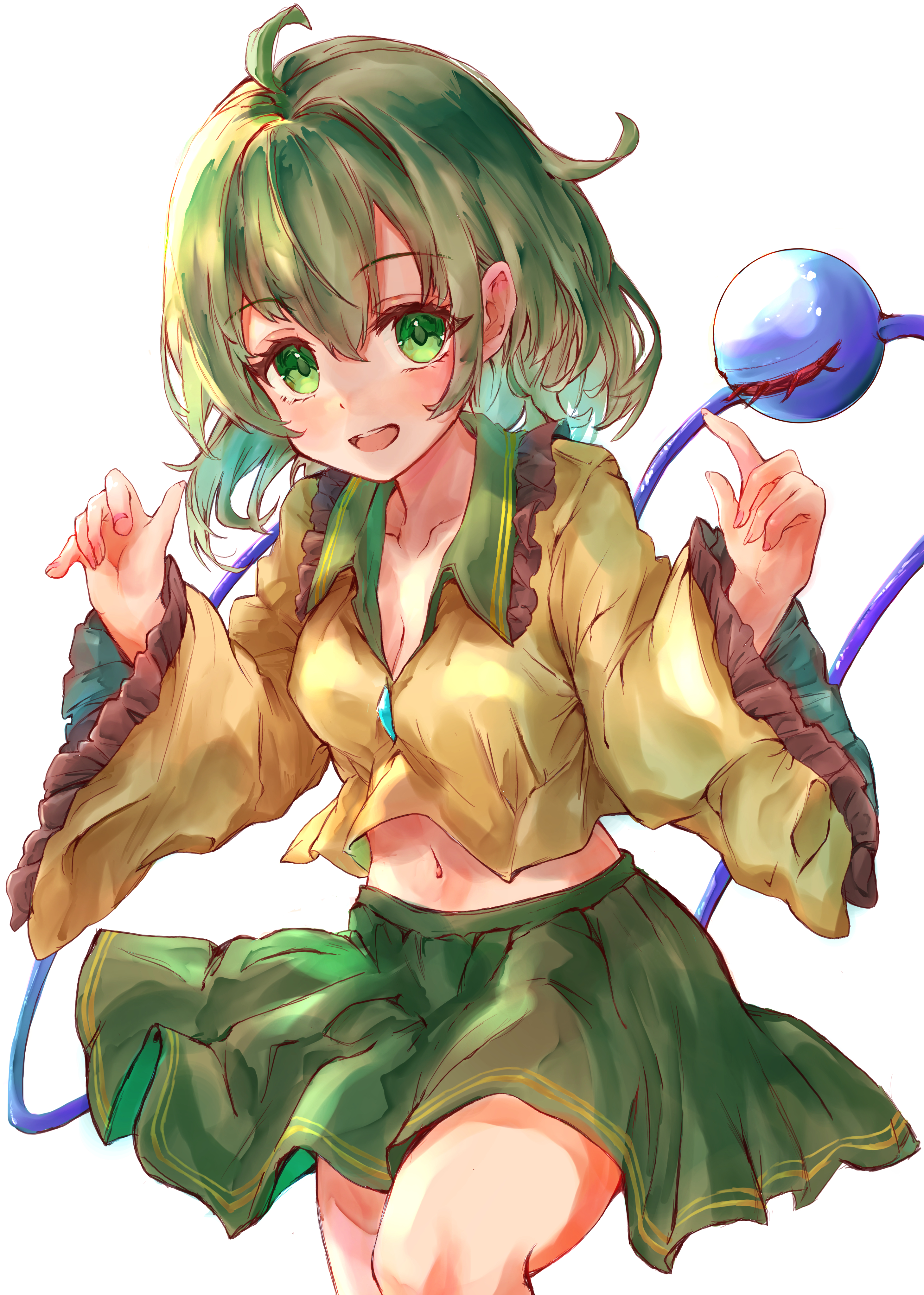 ikazuchi akira, komeiji koishi, touhou, absurdres, commentary, highres, 1girl, breasts, cleavage, collarbone, collared shirt, eyeball, frilled shirt collar, frilled sleeves, frills, green eyes, green hair, green skirt, long sleeves, looking at viewer, midriff peek, navel, no headwear, open mouth, shirt, simple background, skirt, smile, solo, third eye, white background, wide sleeves, yellow shirt