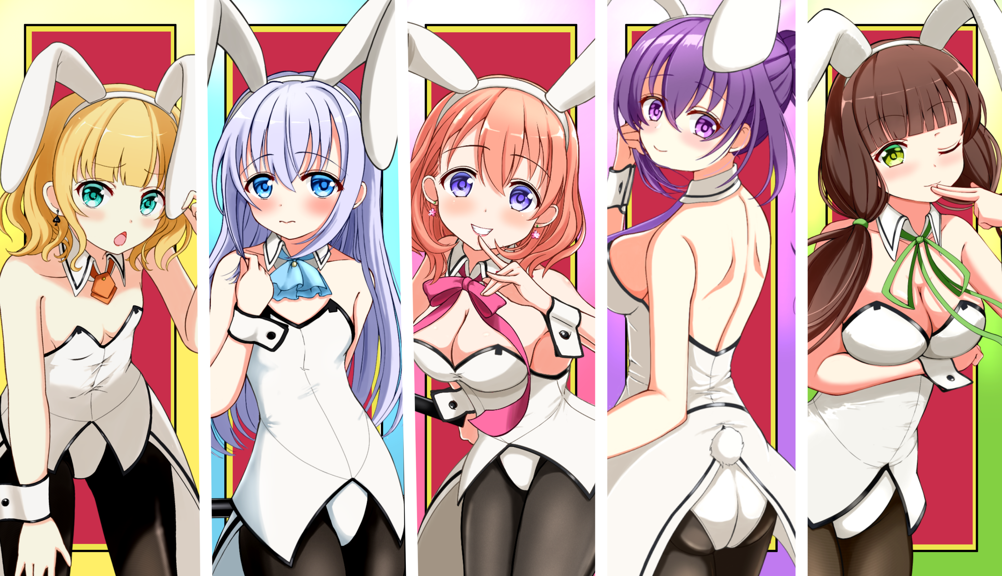 maxima sakuya, hoto cocoa, kafuu chino, kirima syaro, tedeza rize, ujimatsu chiya, gochuumon wa usagi desu ka?, absurdres, highres, 5girls, animal ears, black pantyhose, breasts, leotard, multiple girls, pantyhose, playboy bunny, rabbit ears, small breasts, white leotard, wrist cuffs