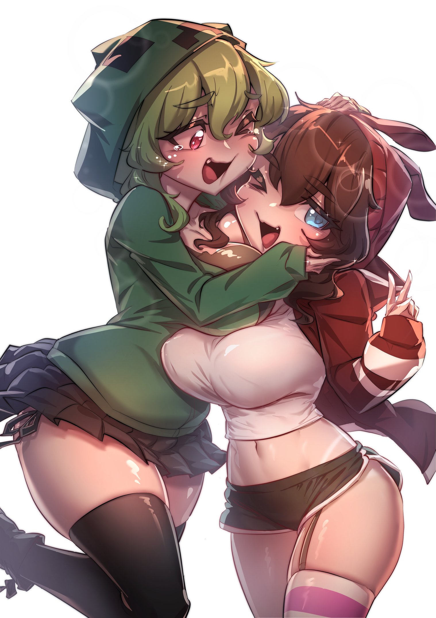 ermao wu, creeper, minecraft, original, commentary, english commentary, highres, 2girls, beanie, black shorts, black skirt, black thighhighs, blue eyes, breasts, brown hair, dolphin shorts, double-parted bangs, fang, garter straps, green hair, green hoodie, hair between eyes, hand up, hat, hood, hood up, hoodie, hug, large breasts, long sleeves, looking at another, looking at viewer, medium hair, microskirt, multiple girls, one eye closed, open mouth, personification, pink eyes, red hat, red shrug, shirt, short shorts, shorts, shrug (clothing), simple background, single garter strap, skirt, smile, tearing up, thighhighs, v, white background, white shirt