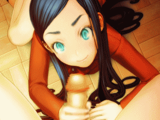 tinkle bell, animated, animated gif, hybrid animation, lowres, 1futa, 1girl, 3d, black hair, blue eyes, censored, futanari, handjob, penis, qvga