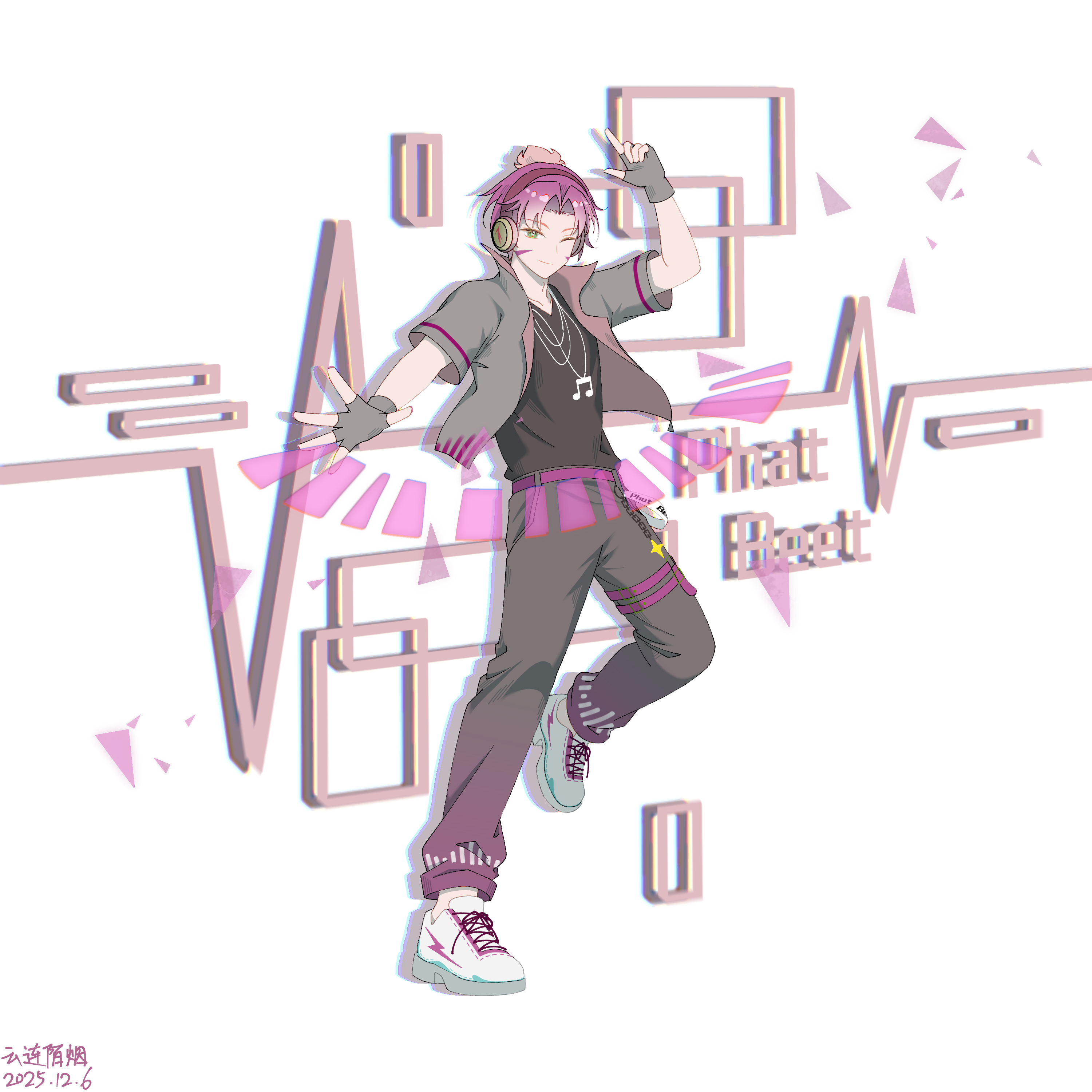 plants vs. zombies, plants vs. zombies 2, absurdres, chinese commentary, commentary request, highres, procreate (medium), translation request, 1boy, 2025, ;), arm up, black shirt, bright pupils, chain, character name, charm (object), chinese text, chromatic aberration, closed mouth, collared jacket, curtained hair, dated, drop shadow, facial mark, fenghongshenqiushi, fingerless gloves, full body, gloves, green eyes, grey gloves, grey jacket, grey pants, hair bun, headphones, index finger raised, jacket, jewelry, male focus, musical note, musical note necklace, necklace, one eye closed, open clothes, open jacket, outstretched hand, pants, personification, phat beet (plants vs. zombies), pink hair, pointing, pointing up, shirt, shoelaces, shoes, short-sleeved jacket, short hair, short sleeves, simple background, single hair bun, smile, sneakers, solo, standing, standing on one leg, triangle, very short hair, white background, white pupils, white shoes