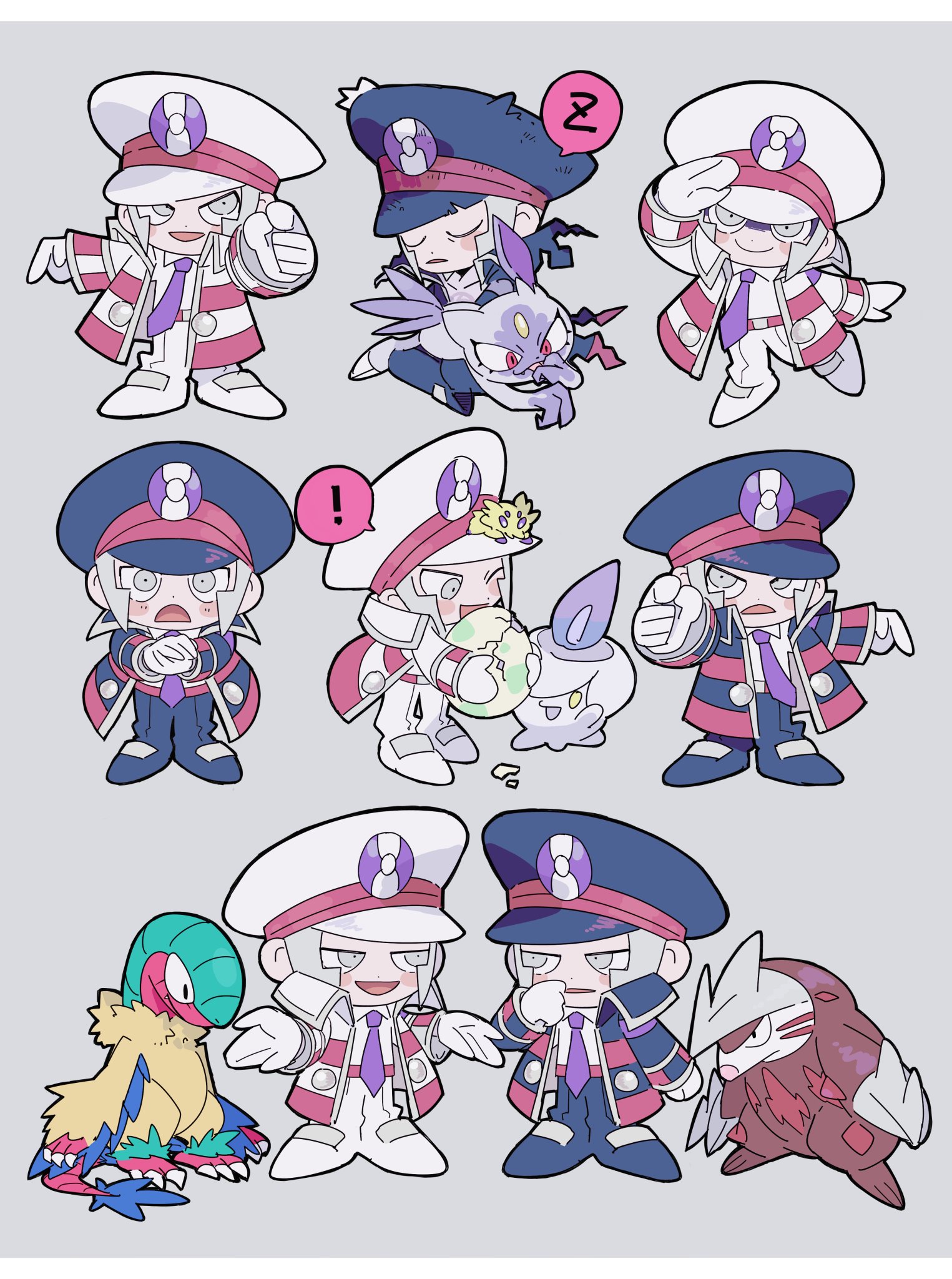 kari (user grrs8577), archeops, emmet (pokemon), excadrill, ingo (pokemon), joltik, litwick, sneasler, nintendo, pokemon, pokemon bw, pokemon legends: arceus, highres, 2boys, black coat, black hat, black pants, brothers, chibi, chibi only, coat, egg, gen 5 pokemon, grey eyes, grey hair, hat, holding, holding egg, male focus, multiple boys, multiple views, necktie, pants, pokemon (creature), purple necktie, shirt, siblings, spoken zzz, twins, white coat, white hat, white pants, white shirt, zzz
