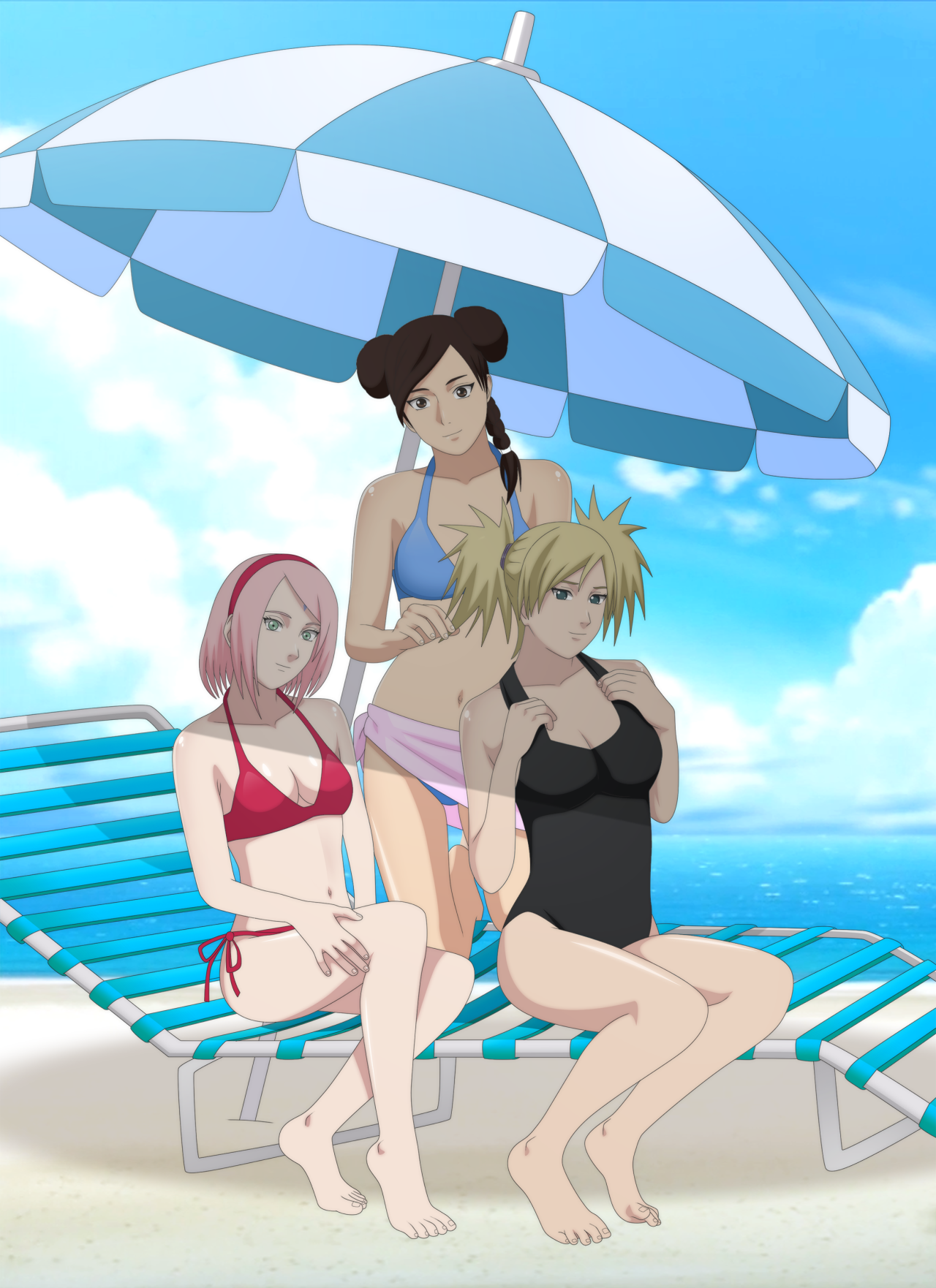 darkalx, haruno sakura, temari (naruto), tenten (naruto), naruto (series), naruto shippuuden, highres, 3girls, barefoot, beach, black hair, blonde hair, bra, breasts, feet, multiple girls, pink hair, short hair, swimsuit, underwear