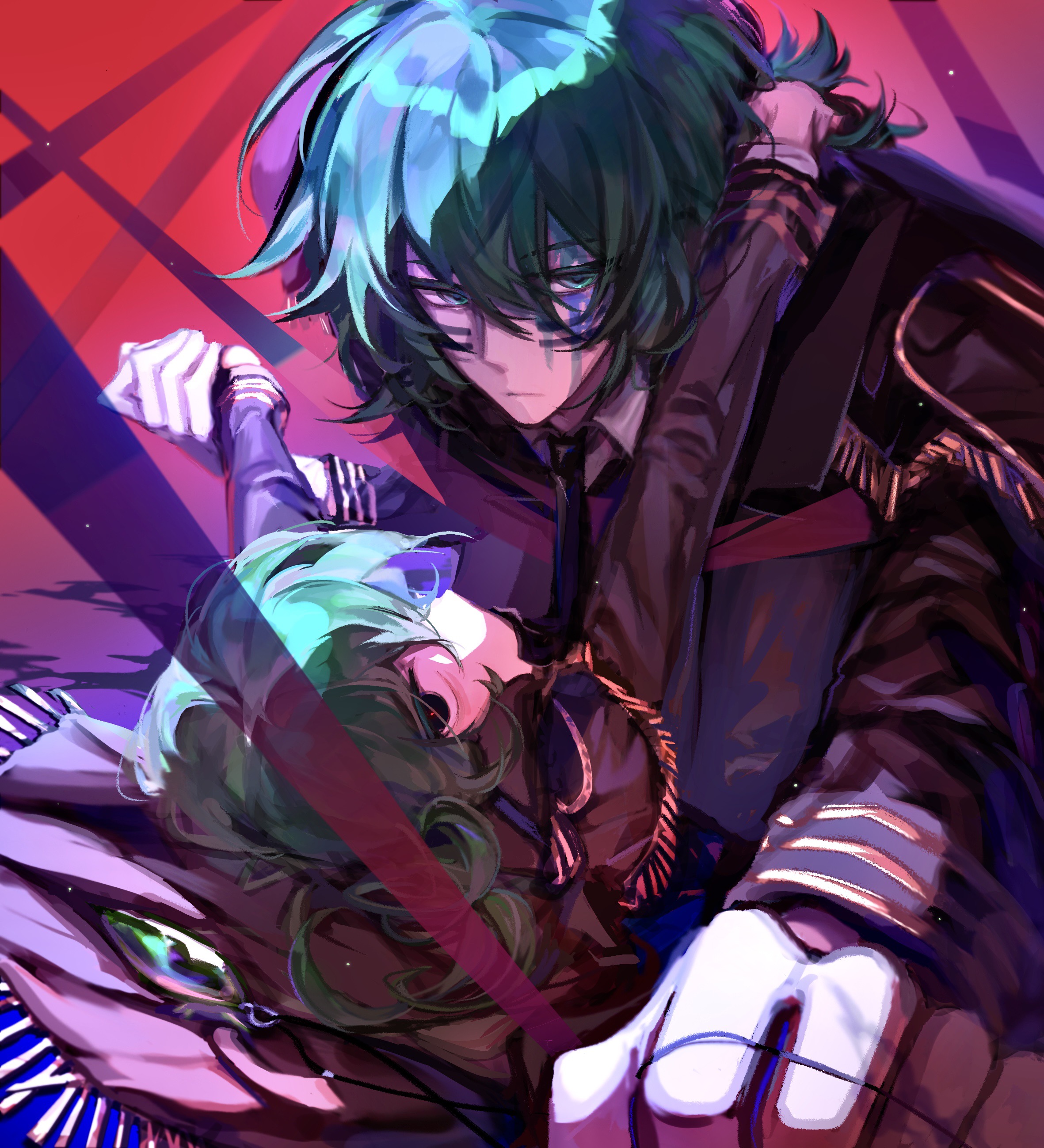 acostasu, gatling pea (plants vs. zombies), peashooter (plants vs. zombies), plants vs. zombies, plants vs. zombies 2, absurdres, chinese commentary, commentary request, highres, 2boys, arm up, backlighting, black eyes, black jacket, black necktie, boy on top, bright pupils, cheek tattoo, closed mouth, collared jacket, collared shirt, double-parted bangs, foreshortening, frown, gem, gloves, green eyes, green gemstone, green hair, hair between eyes, holding hands, jacket, layered sleeves, light particles, long sleeves, looking at viewer, looking back, lying, male focus, multiple boys, necktie, on back, personification, red background, red pupils, serious, shirt, short hair, simple background, tattoo, triple horizontal stripe, upper body, white gloves, white shirt, yaoi