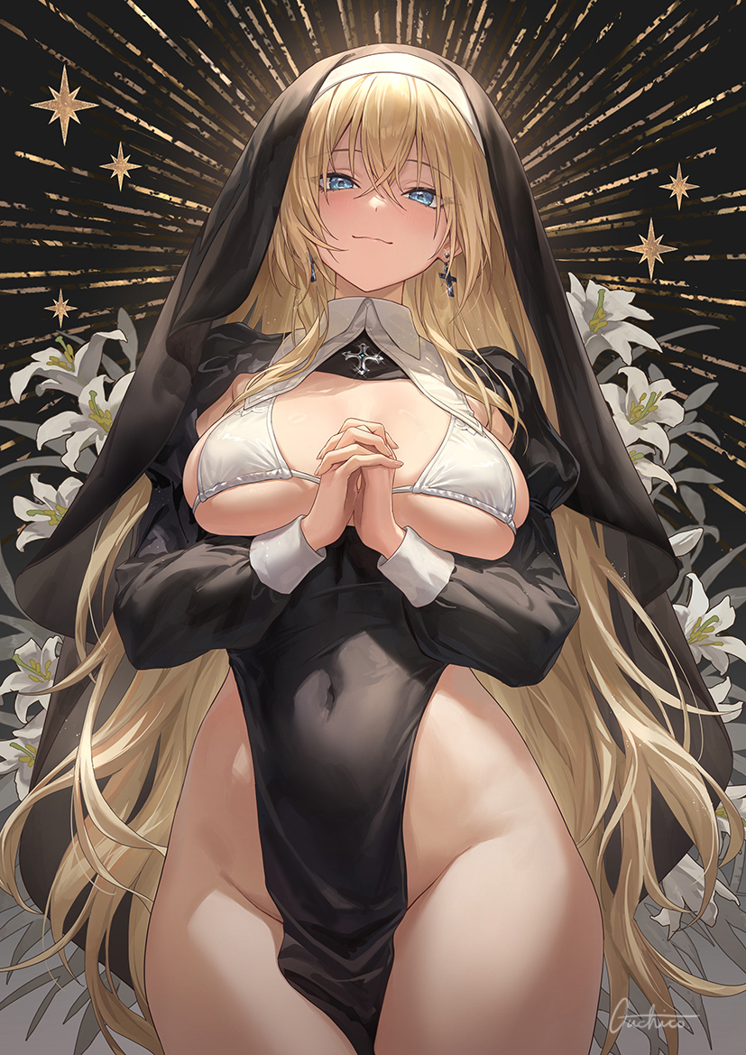 guchico, original, commentary, 1girl, black coif, black dress, blonde hair, blue eyes, bra, breasts, closed mouth, clothing cutout, covered navel, cowboy shot, cross, cross brooch, cross earrings, crossed bangs, dress, earrings, flower, groin, guimpe, jewelry, juliet sleeves, large breasts, light smile, long hair, long sleeves, looking at viewer, nun, own hands clasped, own hands together, pelvic curtain, praying, puffy sleeves, revealing clothes, signature, sleeve cuffs, solo, thighs, underwear, very long hair, white bra, white flower
