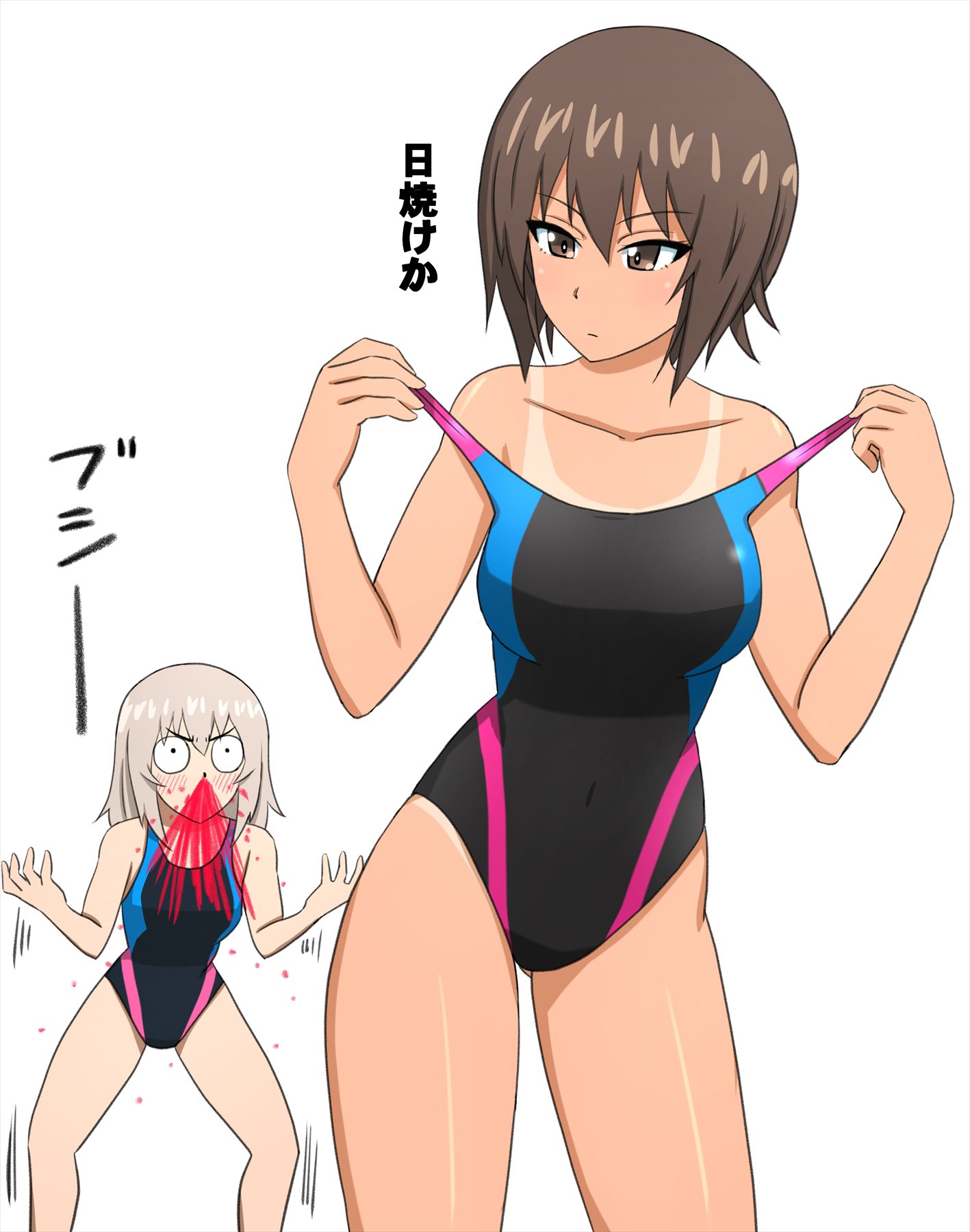 omachi (slabco), itsumi erika, nishizumi maho, girls und panzer, highres, 2girls, adjusting clothes, adjusting swimsuit, blood, blush, breasts, brown eyes, brown hair, dark-skinned female, dark skin, grey hair, holding, large breasts, long hair, multiple girls, nosebleed, one-piece swimsuit, short hair, simple background, swimsuit, tan, tanline, white background